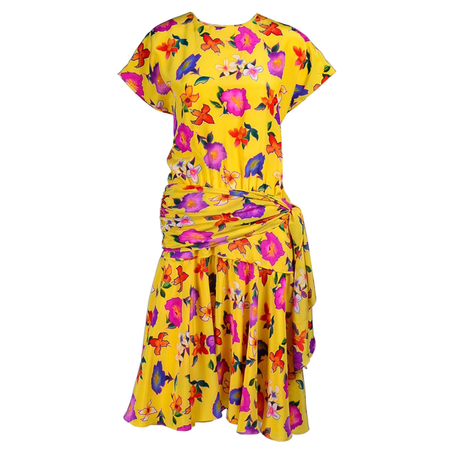 Vintage Escada Dress in a Yellow Floral Silk Print by Margaretha Ley Size 8/10
