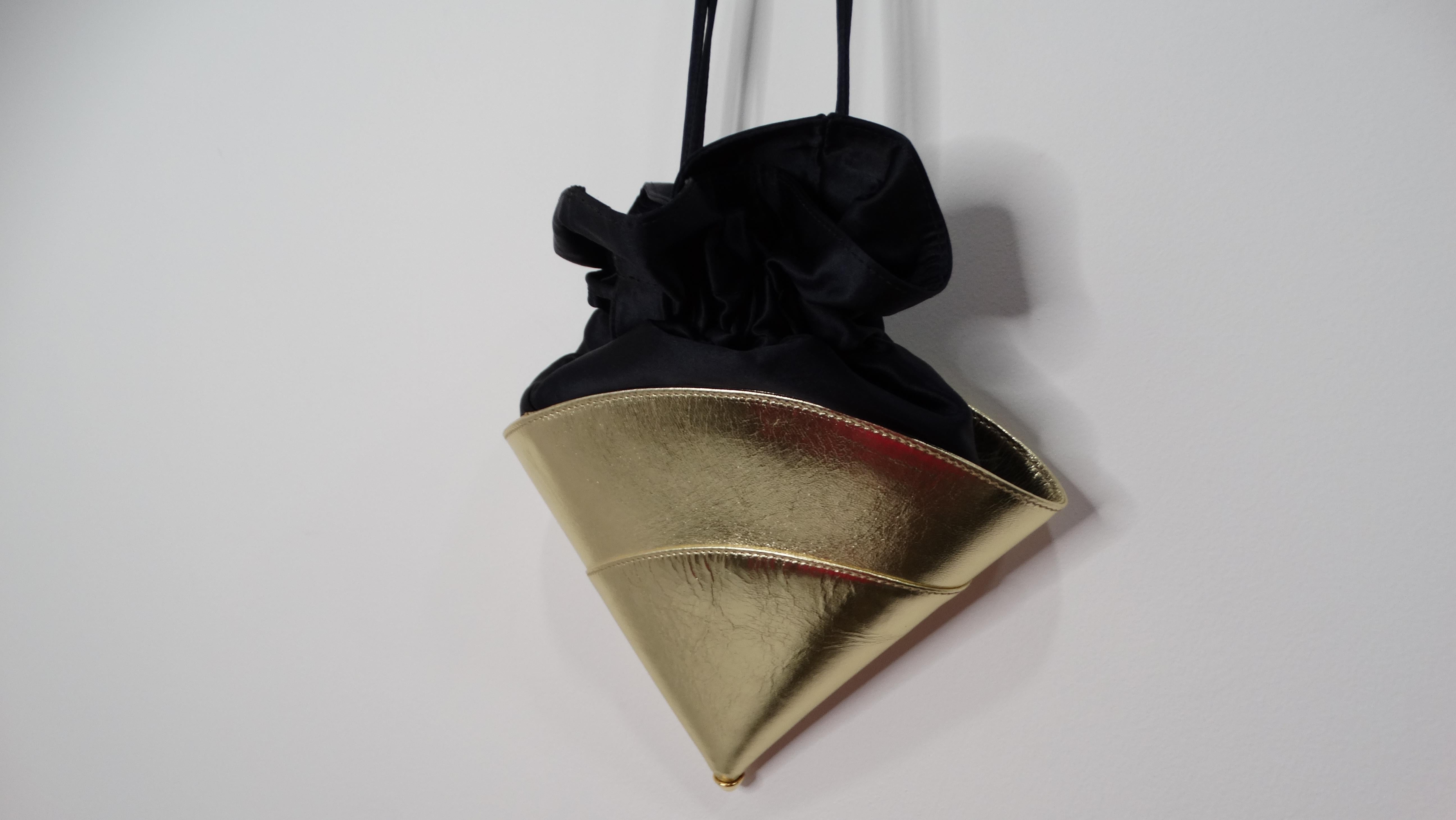 Black Vintage Escada Gold Metallic Leather Cone Style Drawstring Evening Bag For Sale