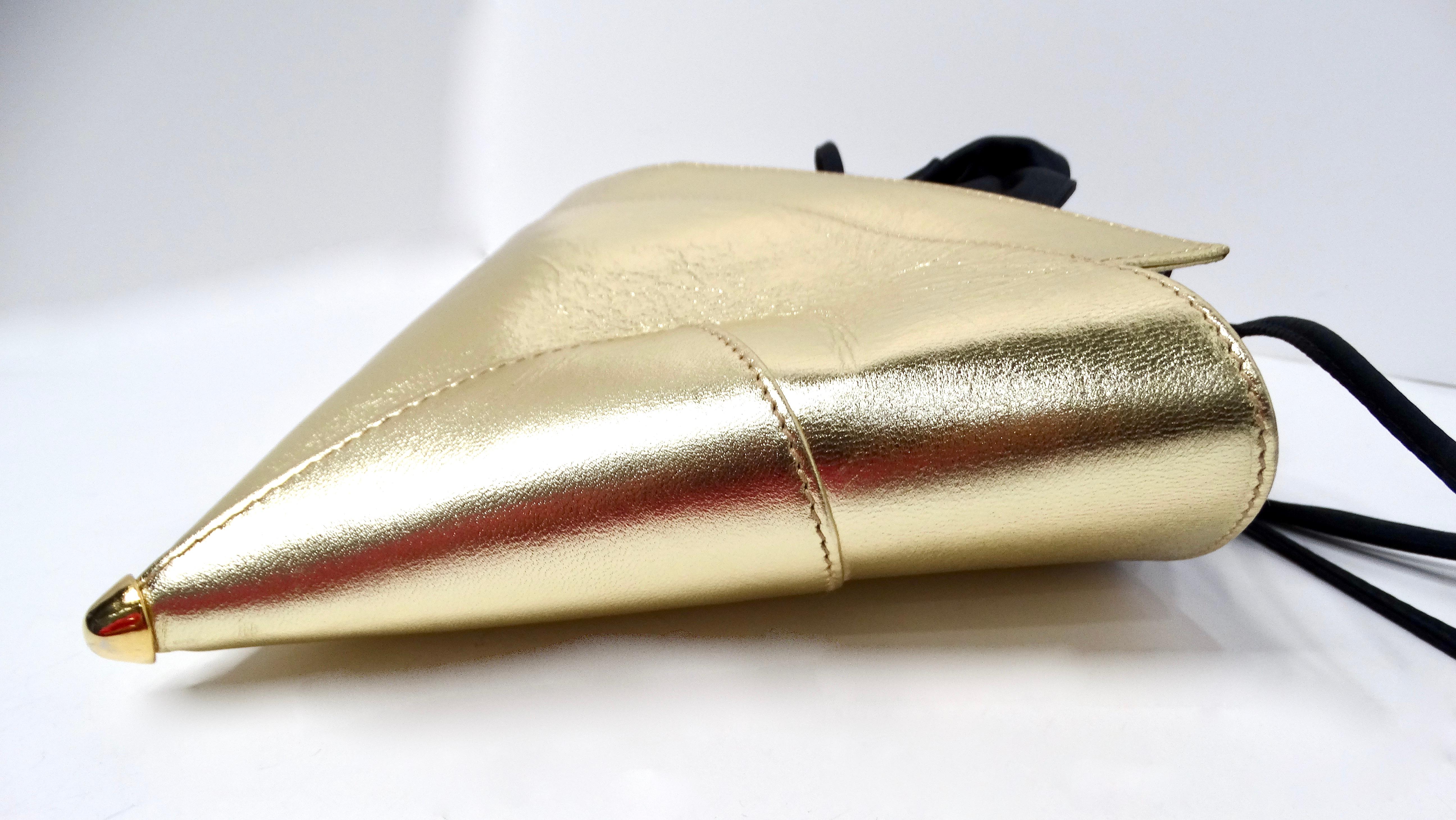 Vintage Escada Gold Metallic Leather Cone Style Drawstring Evening Bag In Good Condition For Sale In Scottsdale, AZ