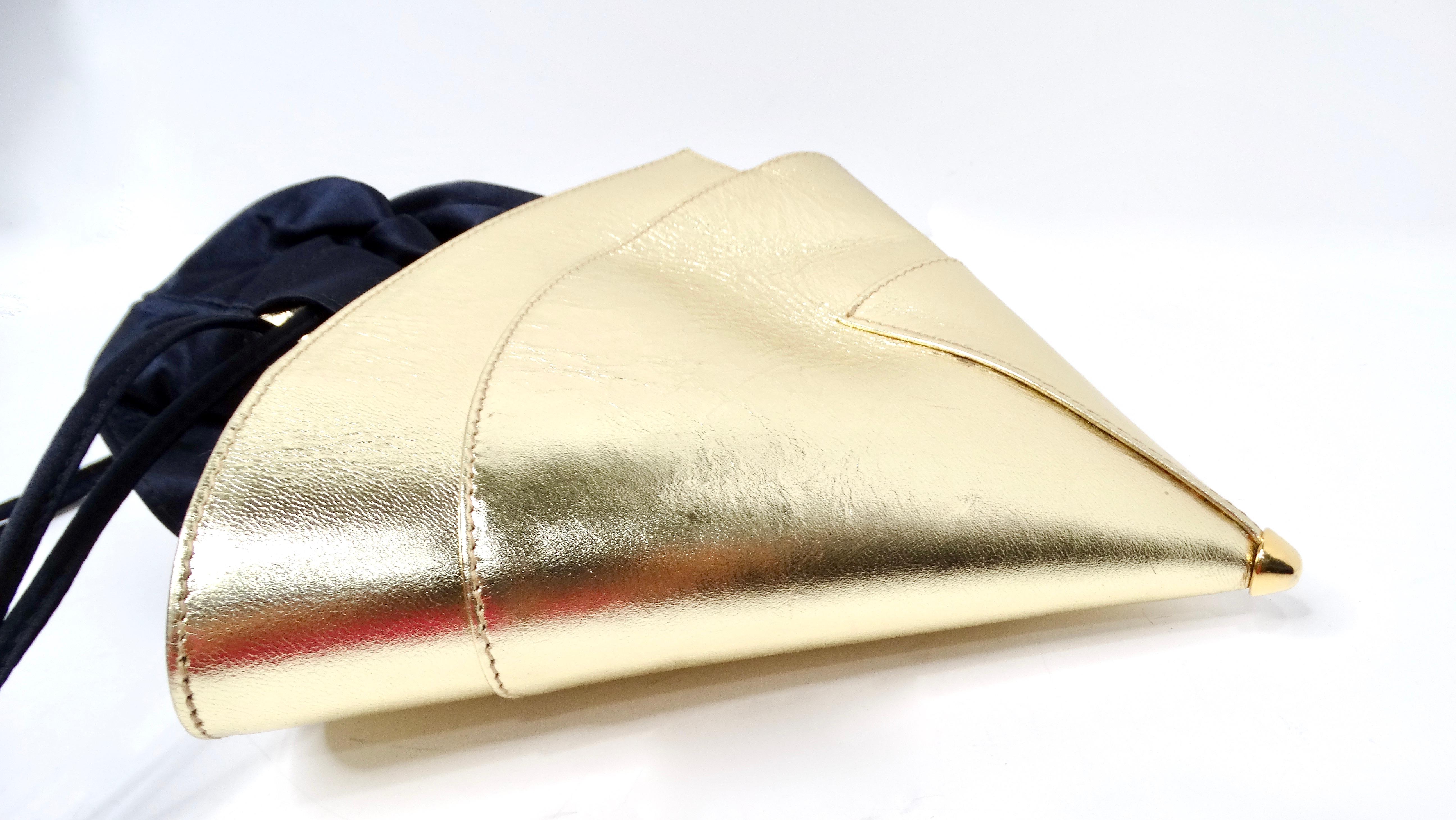 Women's Vintage Escada Gold Metallic Leather Cone Style Drawstring Evening Bag For Sale