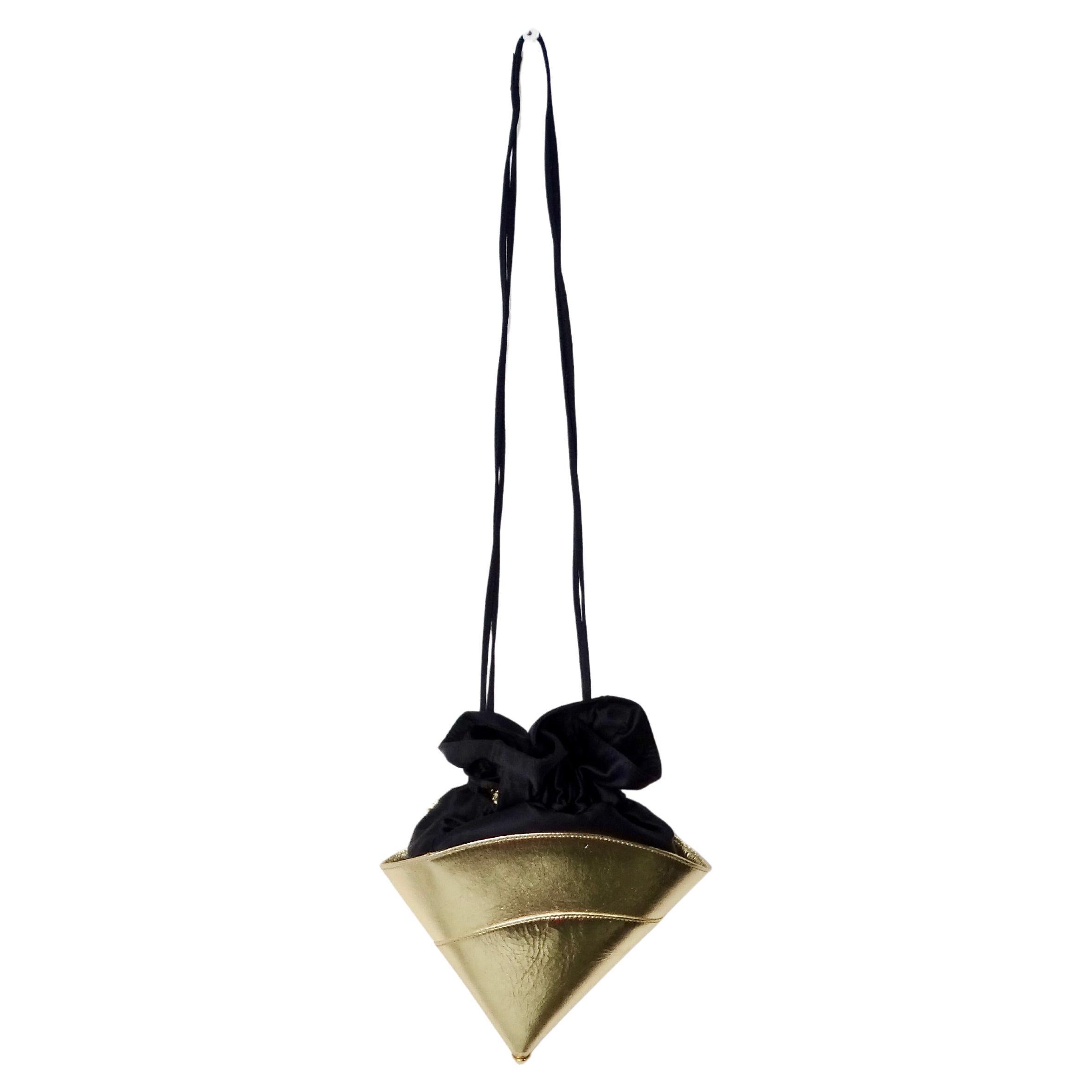 Vintage Escada Gold Metallic Leather Cone Style Drawstring Evening Bag