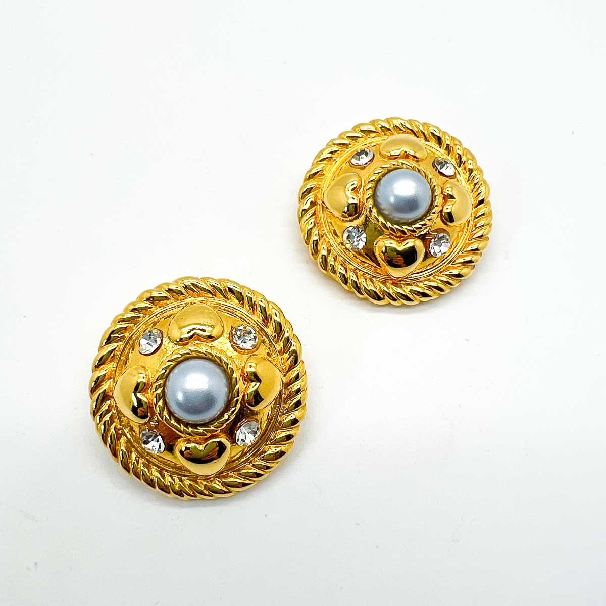  fabulous pair of Vintage Escada Grey Pearl Earrings embellished with crystals and heart motifs. Think eighties runway and a time when the very best statement earrings were born. A perfect statement couture earring that embodies the eighties and