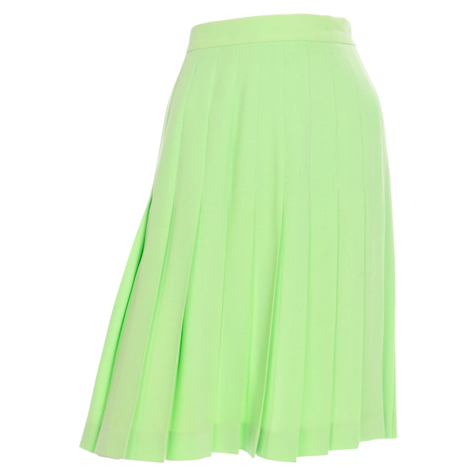Vintage Escada Lime Green Lightweight Summer Wool Pleated Skirt 