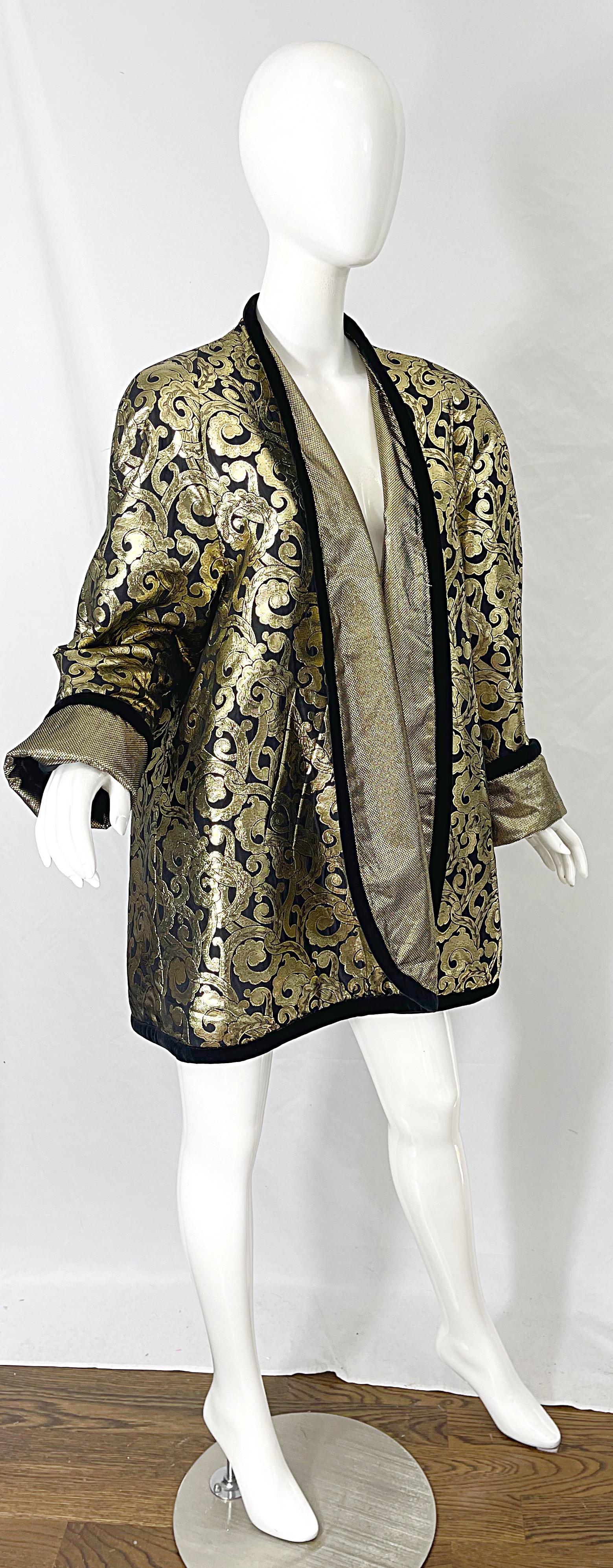 Vintage Escada Margaretha Ley 1980s Gold Black Silk 80s Swing Jacket Coat 9