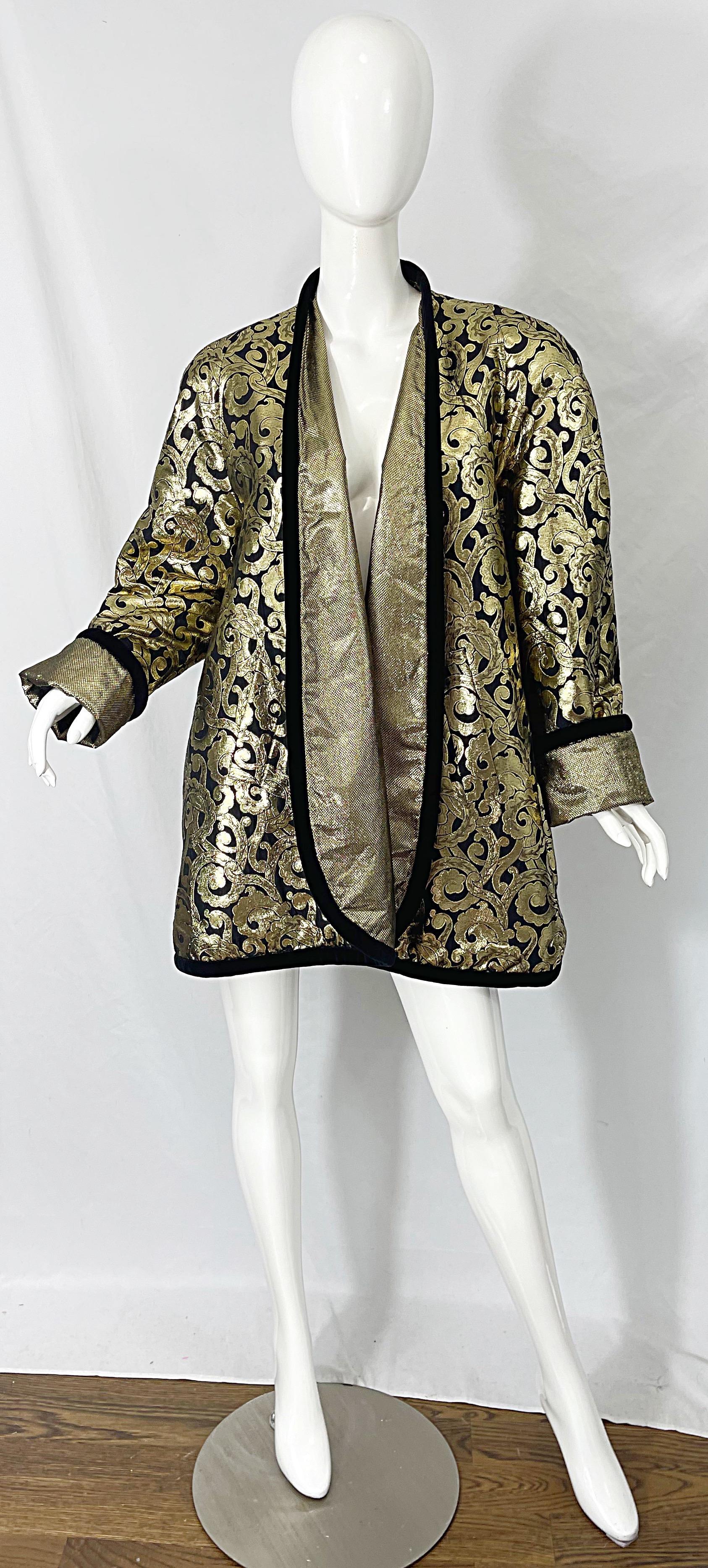 Vintage Escada Margaretha Ley 1980s Gold Black Silk 80s Swing Jacket Coat 10