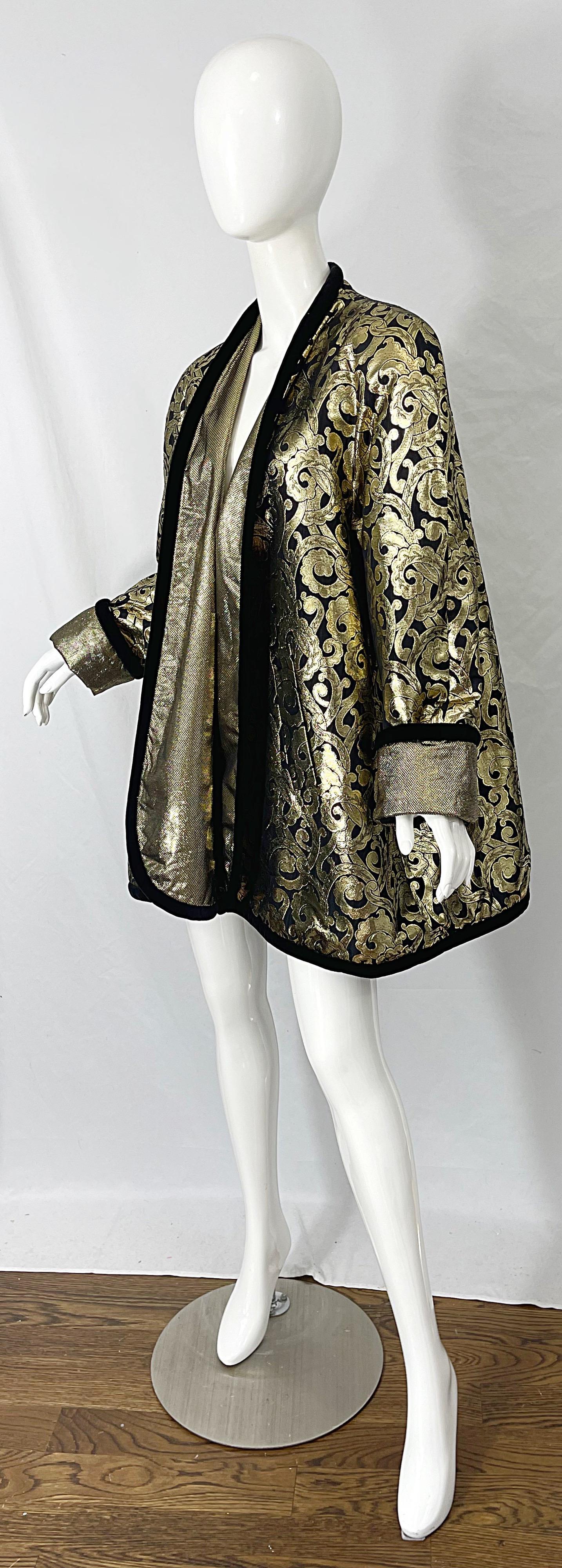 Women's Vintage Escada Margaretha Ley 1980s Gold Black Silk 80s Swing Jacket Coat