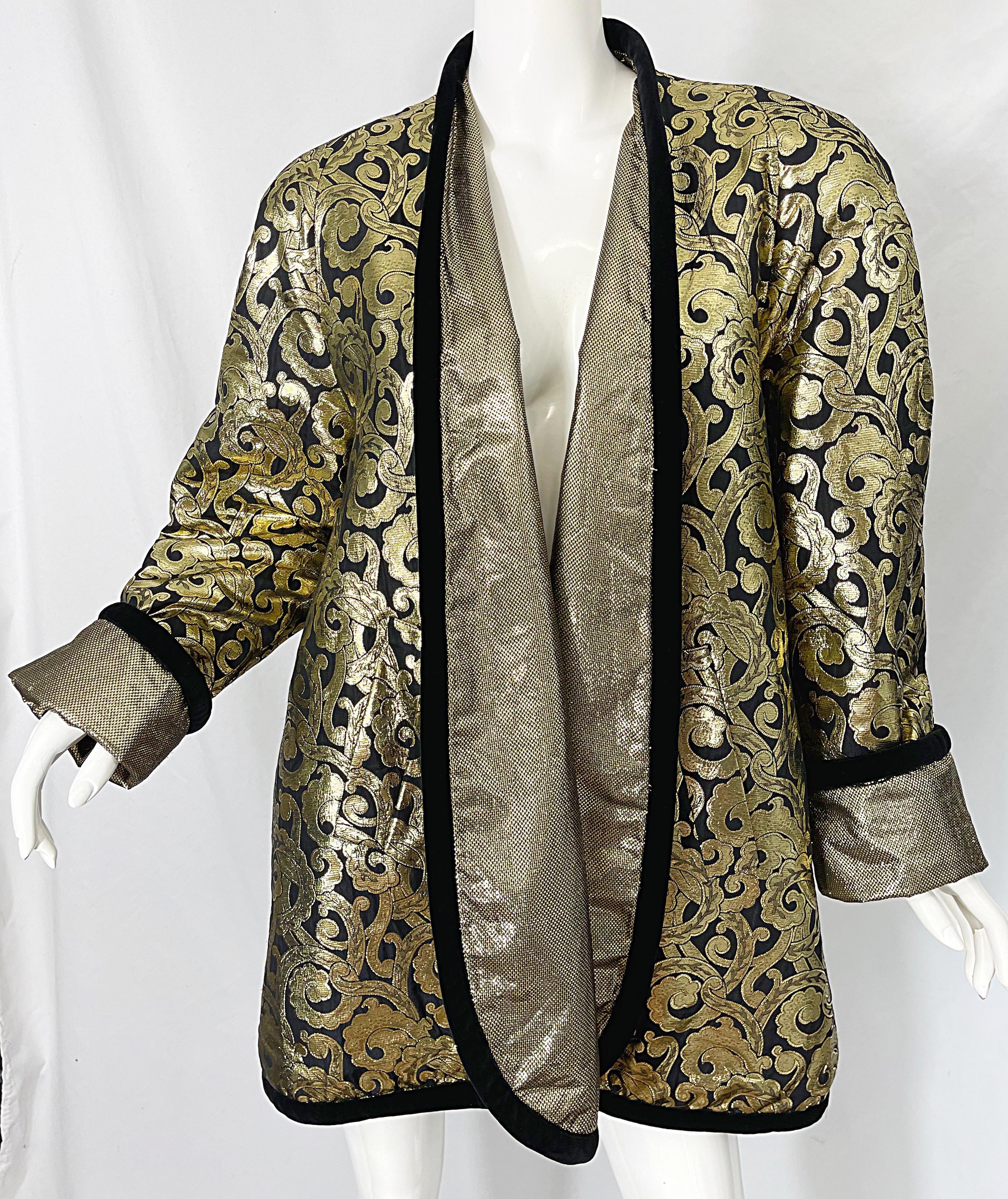 Vintage Escada Margaretha Ley 1980s Gold Black Silk 80s Swing Jacket Coat 3