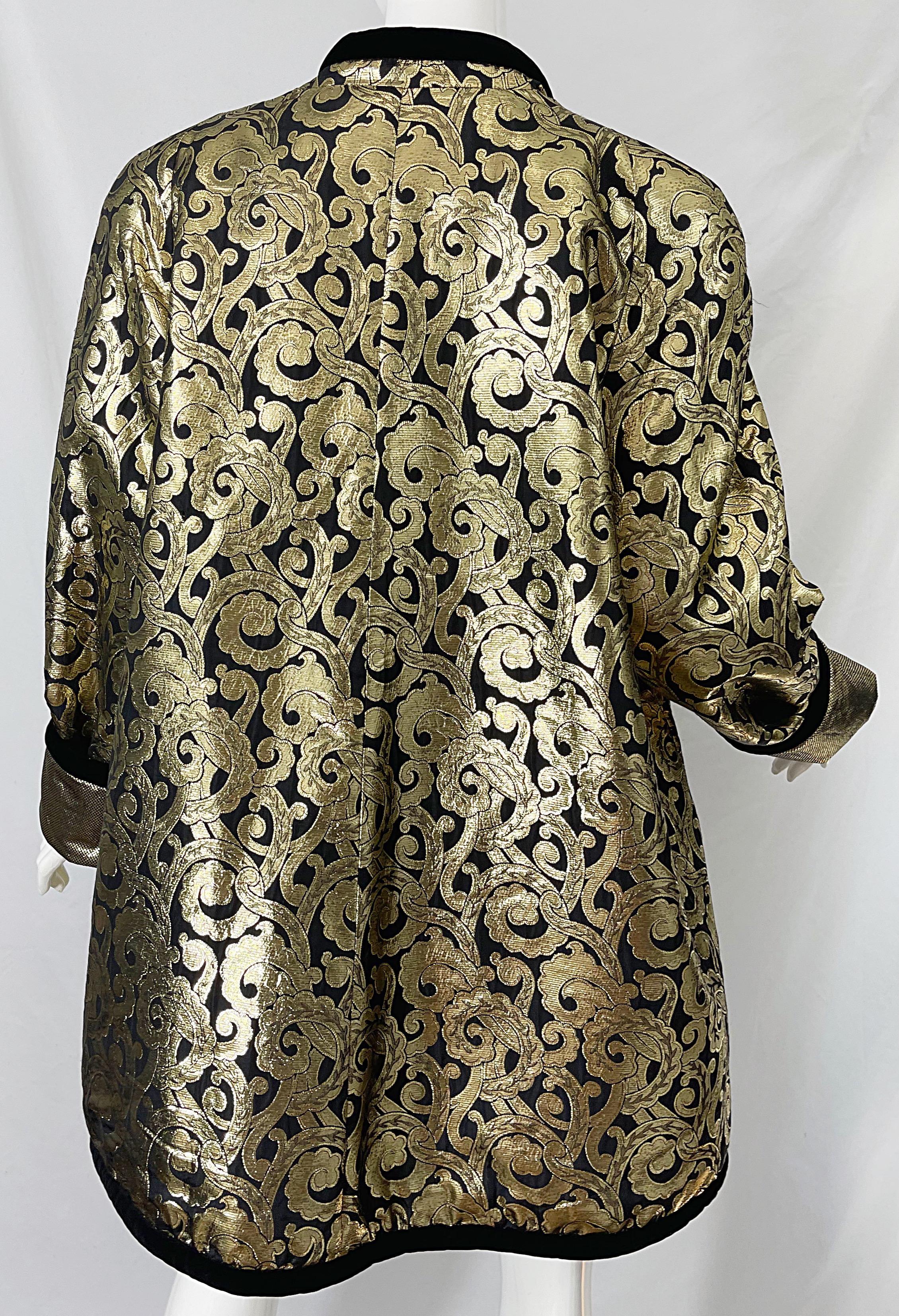 Vintage Escada Margaretha Ley 1980s Gold Black Silk 80s Swing Jacket Coat 4