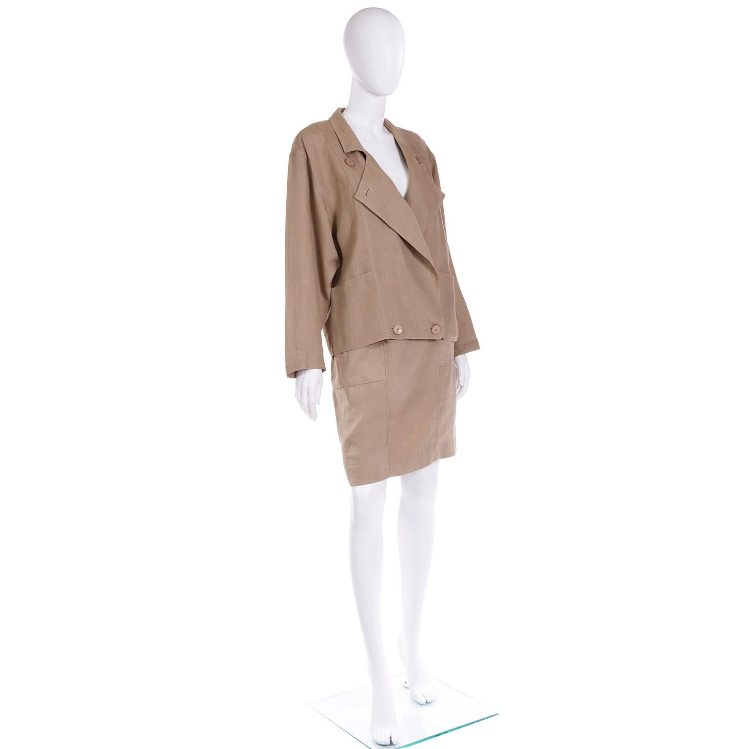 Brown Vintage Escada Margaretha Ley 1980s Linen Jacket & Skirt Suit For Sale