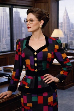 Vintage Escada Margaretha Ley 1990 Vestido geométrico de lana negra