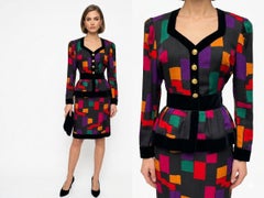 Vintage Escada Margaretha Ley 1990s Black Wool Geometric Dress