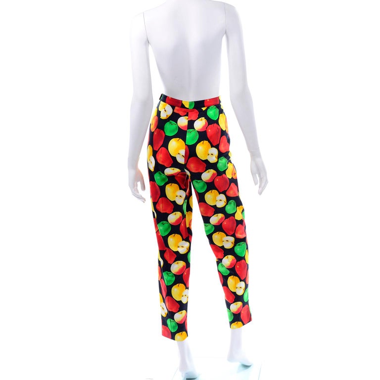 Vintage Escada Margaretha Ley Black Red Green and Yellow Apple Print Cotton  Pants For Sale at 1stDibs