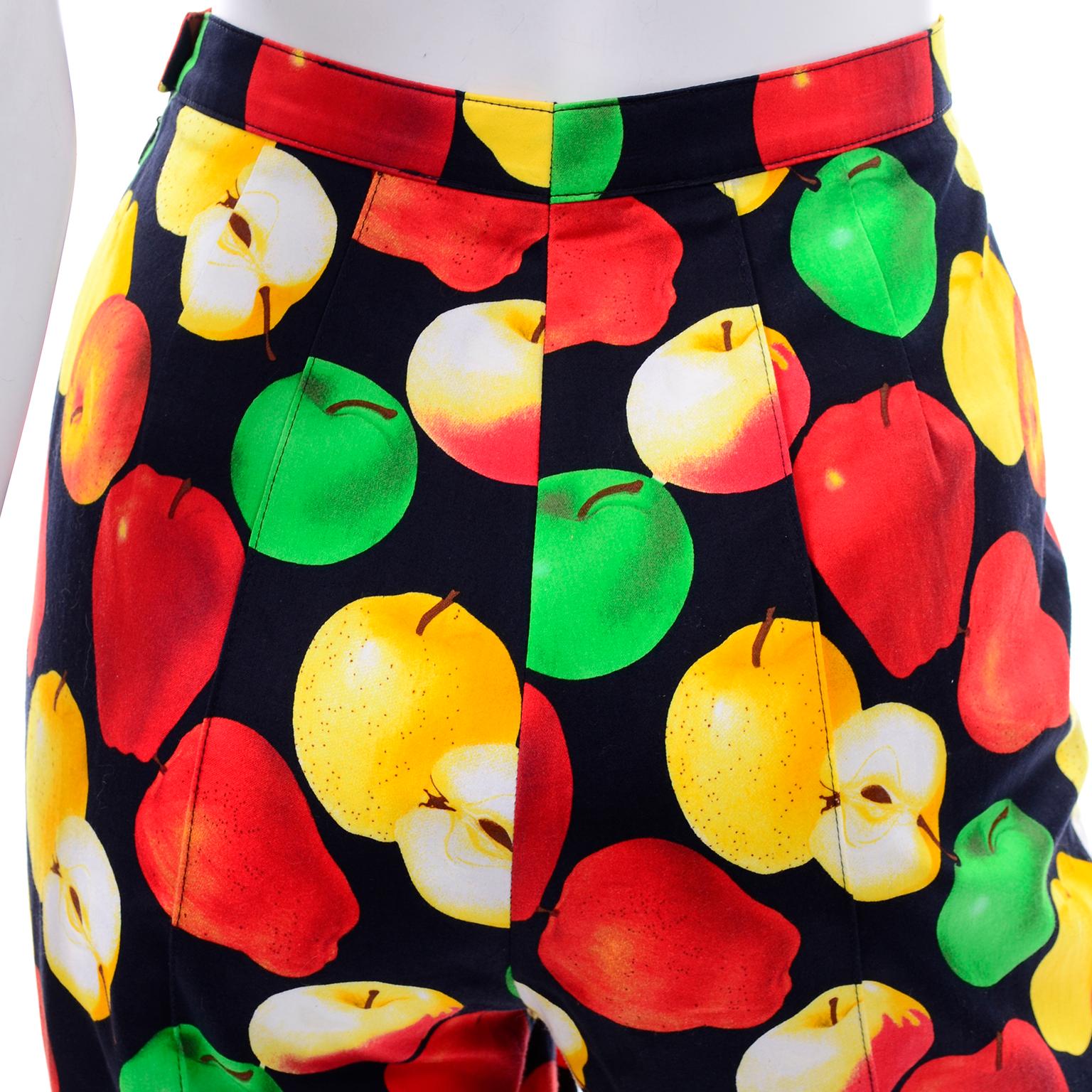Vintage Escada Margaretha Ley Black Red Green & Yellow Apple Print Cotton Pants In Excellent Condition In Portland, OR