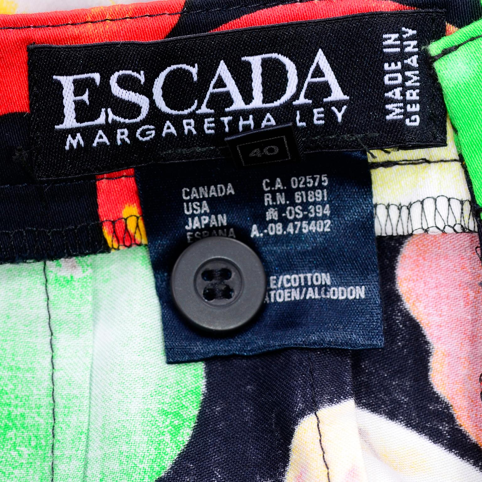 Women's Vintage Escada Margaretha Ley Black Red Green & Yellow Apple Print Cotton Pants