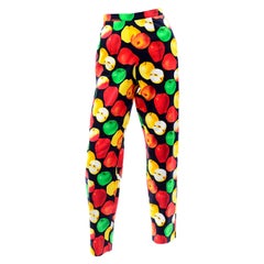 Vintage Escada Margaretha Ley Black Red Green & Yellow Apple Print Cotton Pants