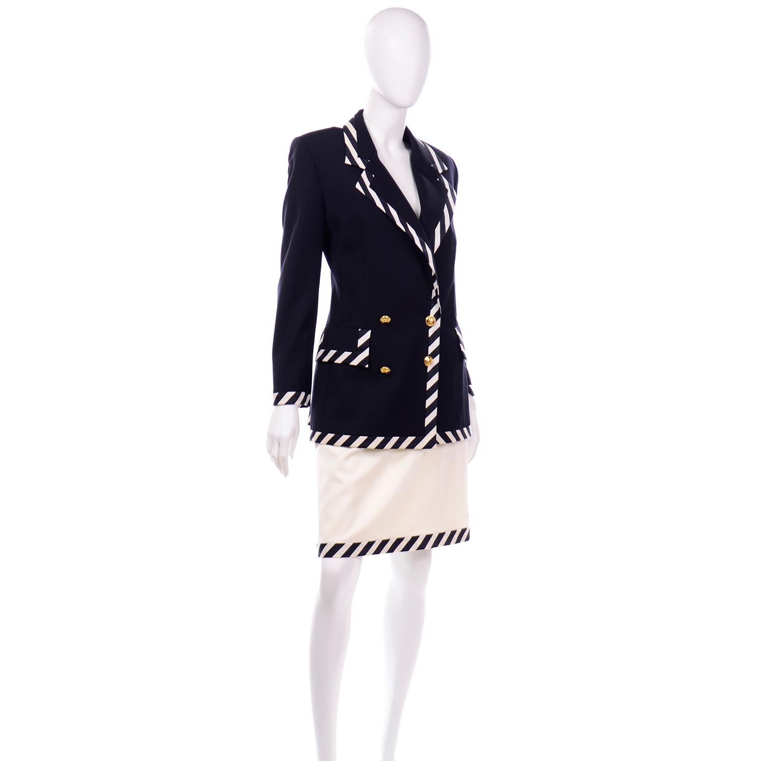 Women's Vintage Escada Margaretha Ley Black & White Striped Skirt & Jacket Suit