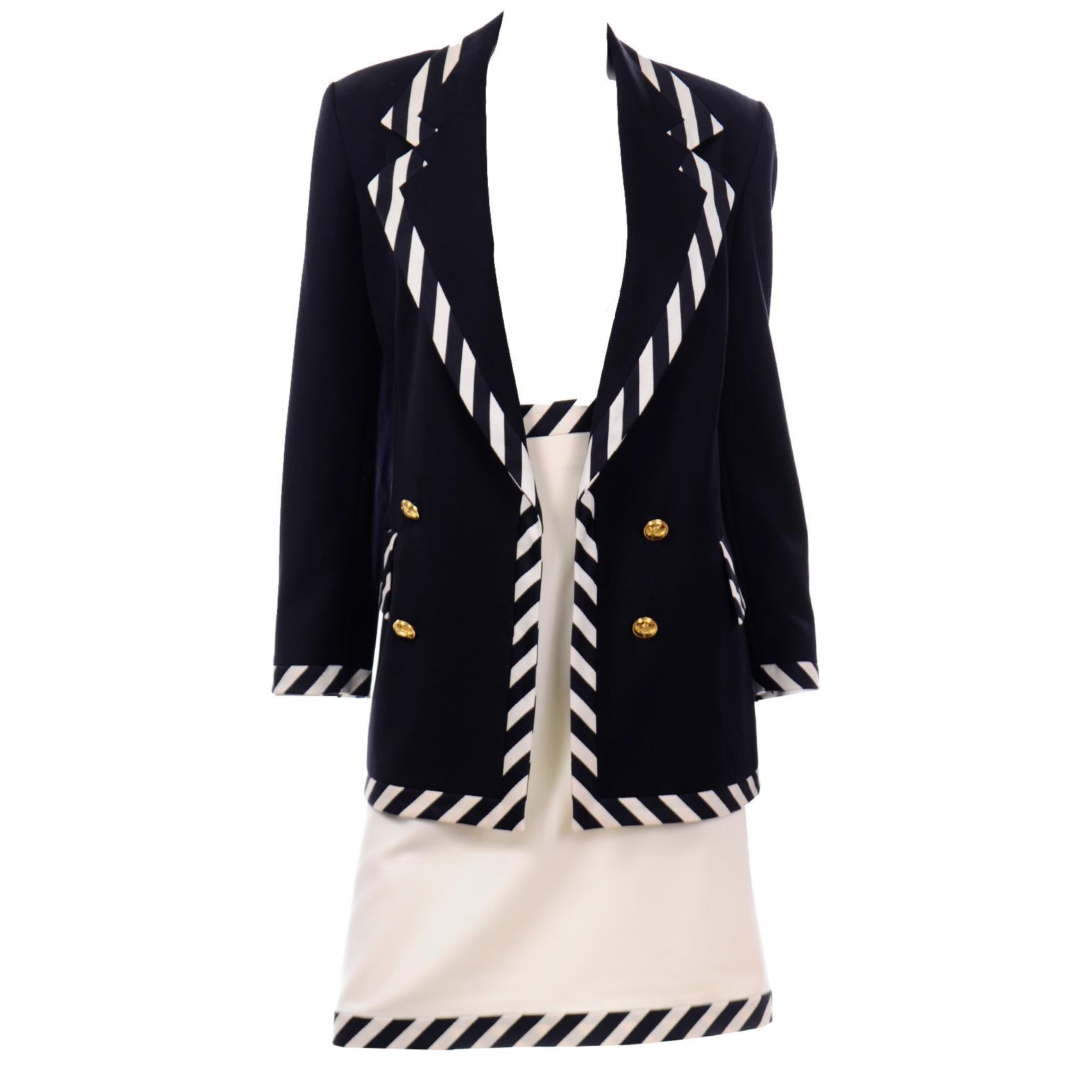 Vintage Escada Margaretha Ley Black & White Striped Skirt & Jacket Suit 1