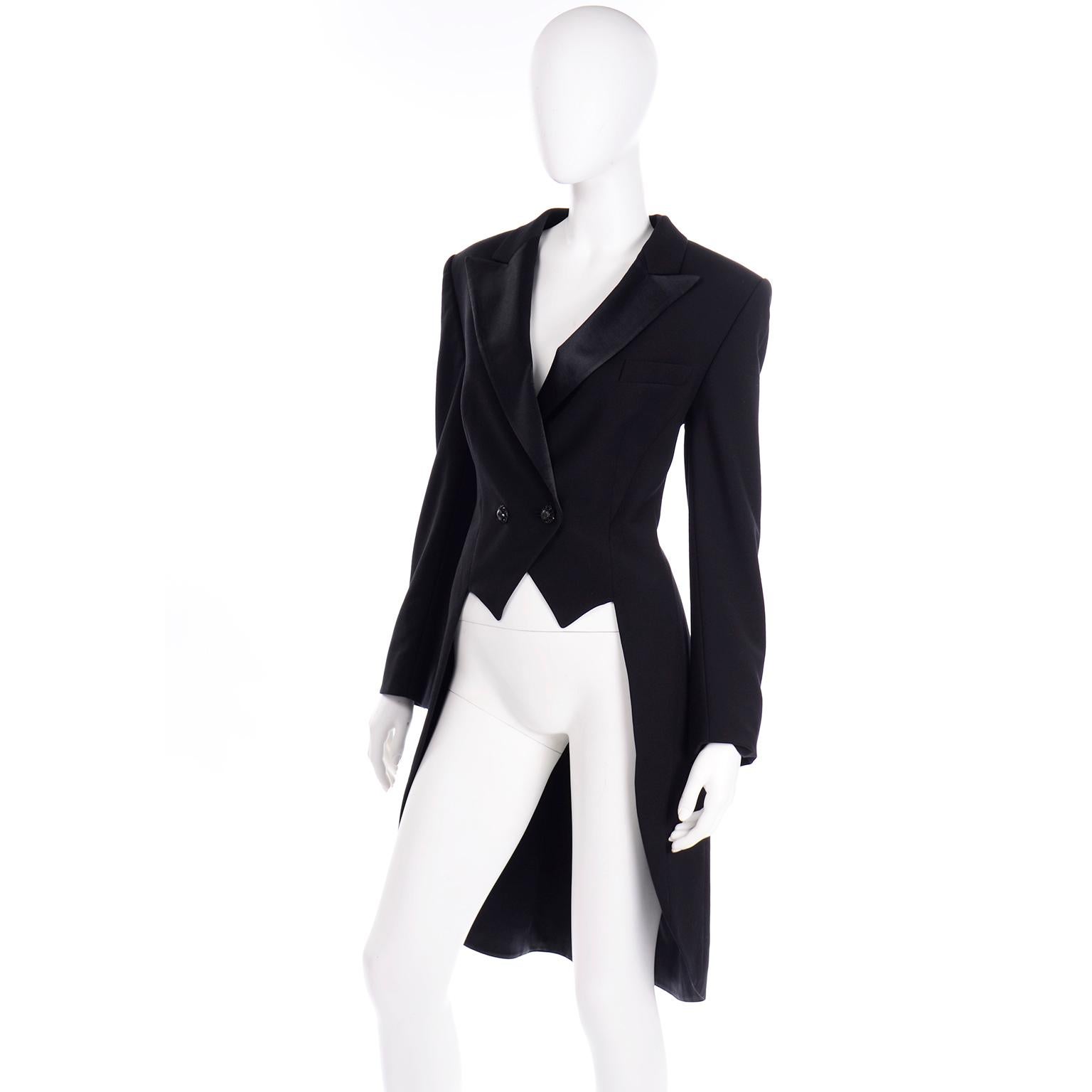 Vintage Escada Margaretha Ley Black Wool Cutaway Tuxedo Coat Jacket In Excellent Condition In Portland, OR