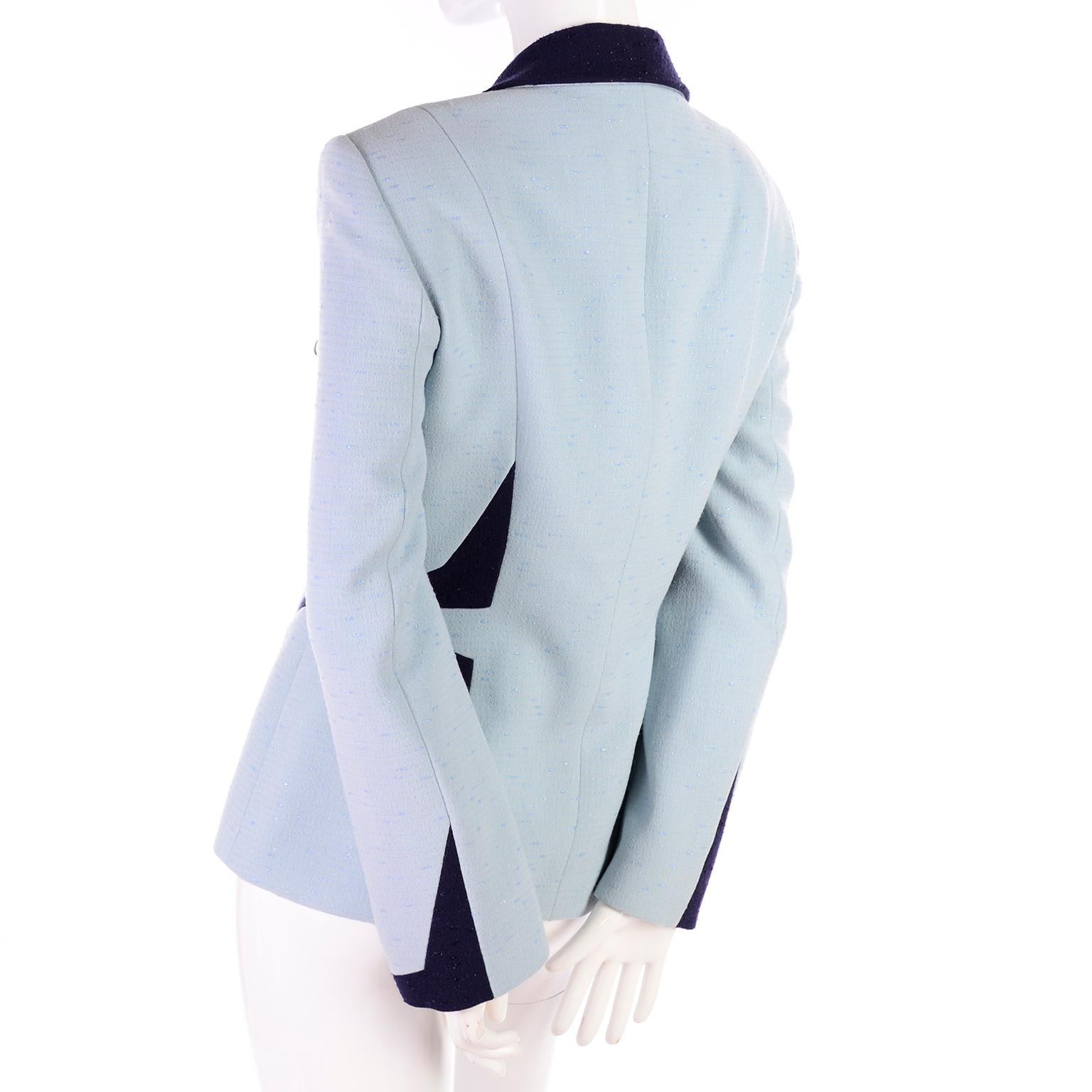 Women's Vintage Escada Margaretha Ley Blue Blazer With Avant Garde Geometric Design