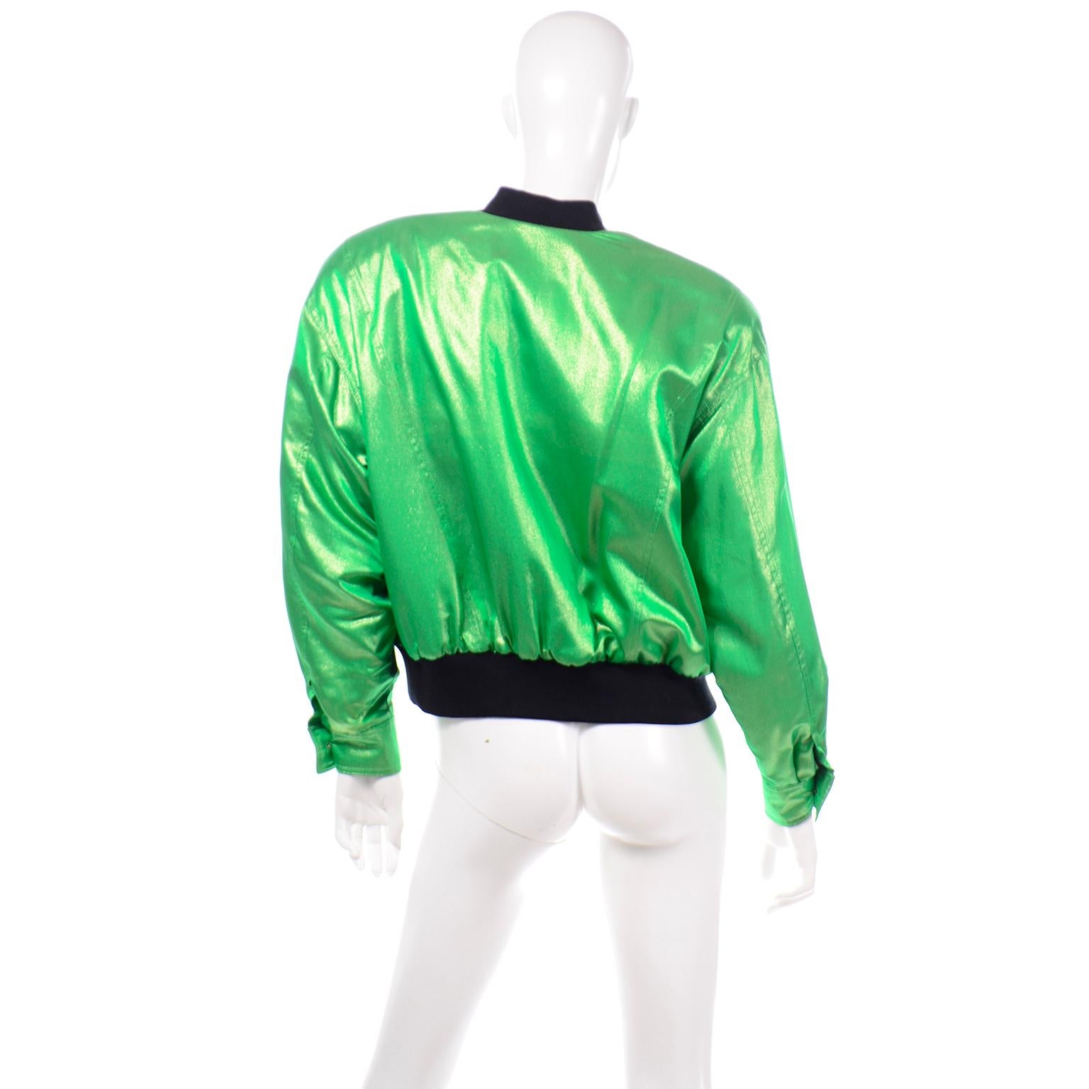 Vintage Escada Margaretha Ley Iridescent Green Silk Bomber Jacket w Heart Lining In Excellent Condition In Portland, OR