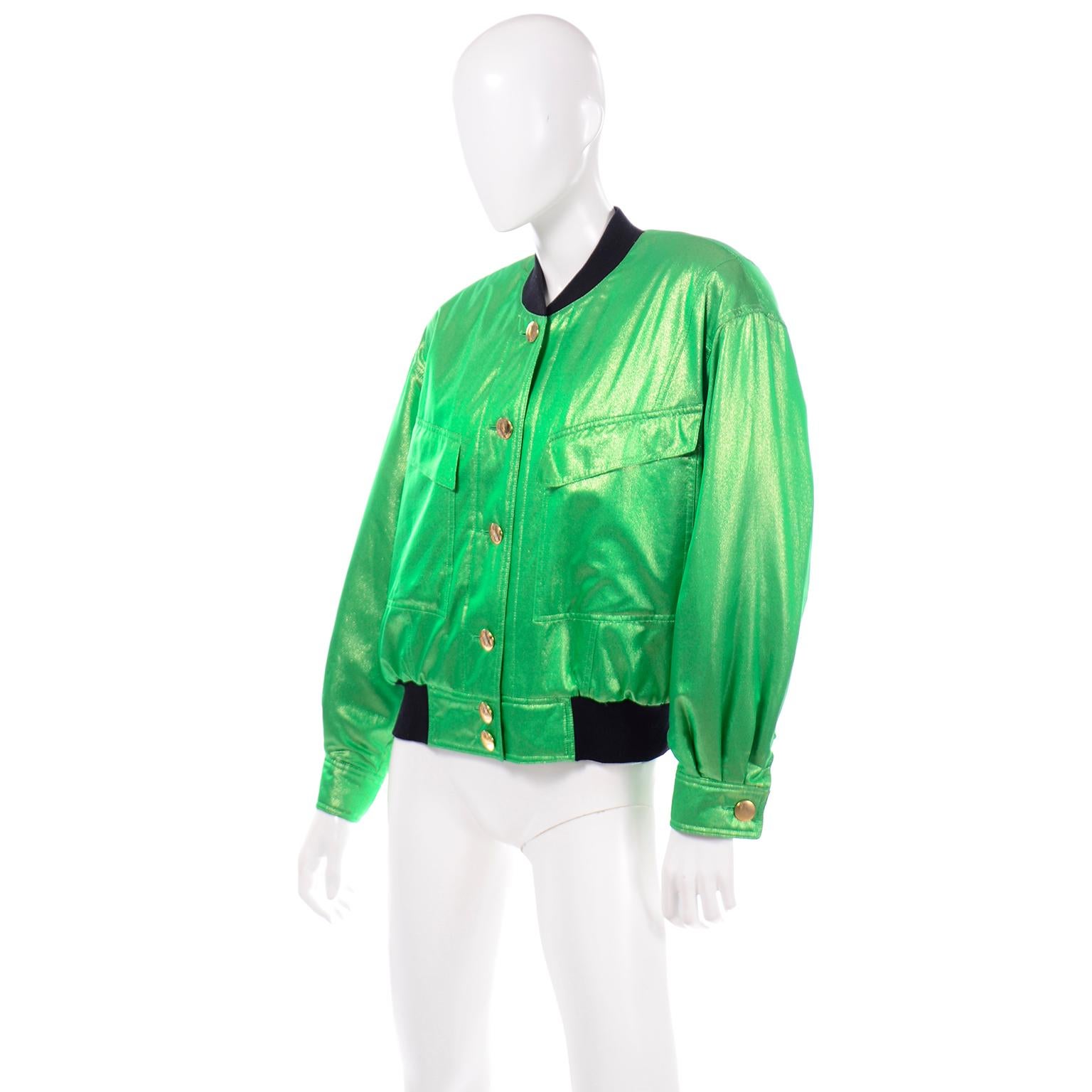 Vintage Escada Margaretha Ley Iridescent Green Silk Bomber Jacket w Heart Lining 1