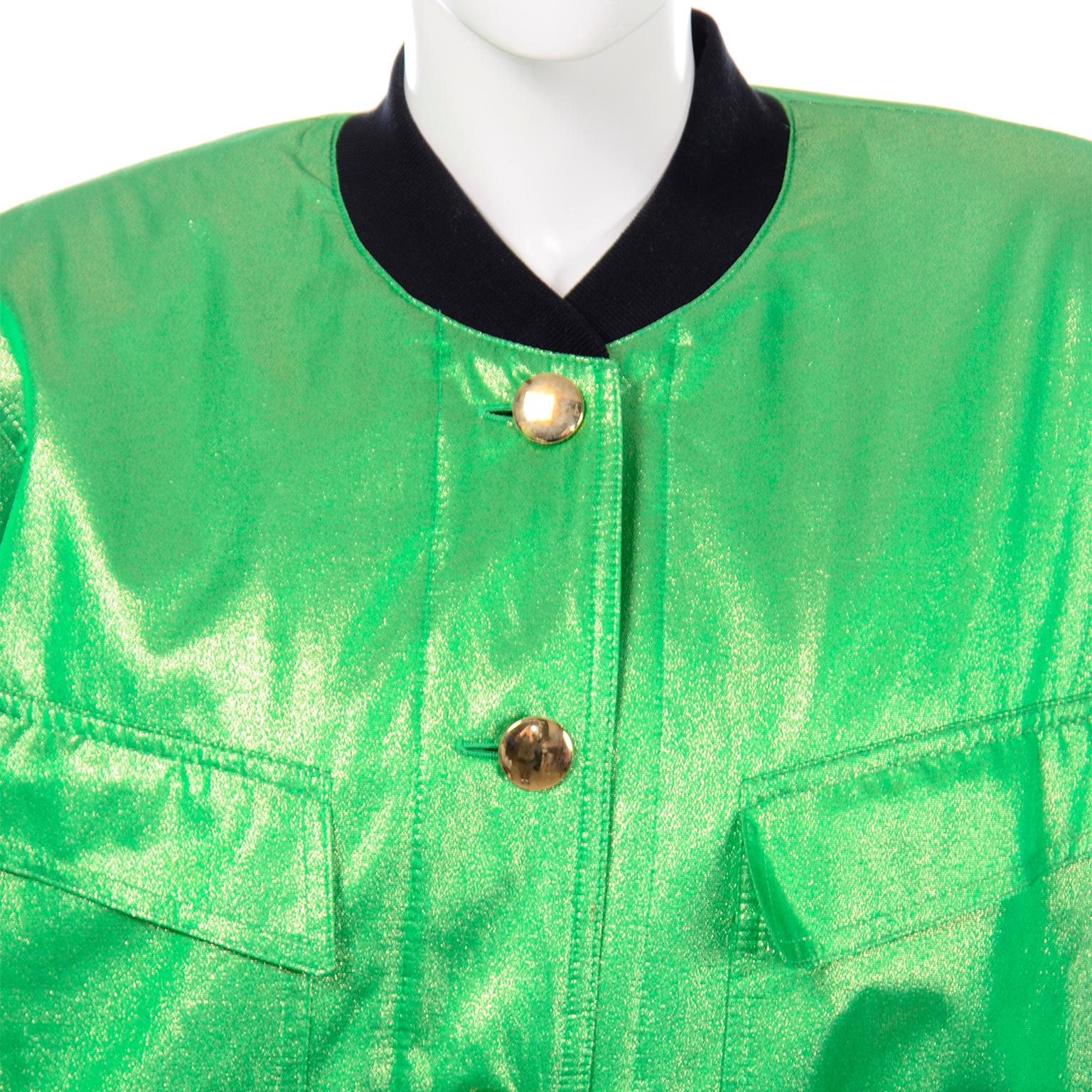 Vintage Escada Margaretha Ley Iridescent Green Silk Bomber Jacket w Heart Lining 2