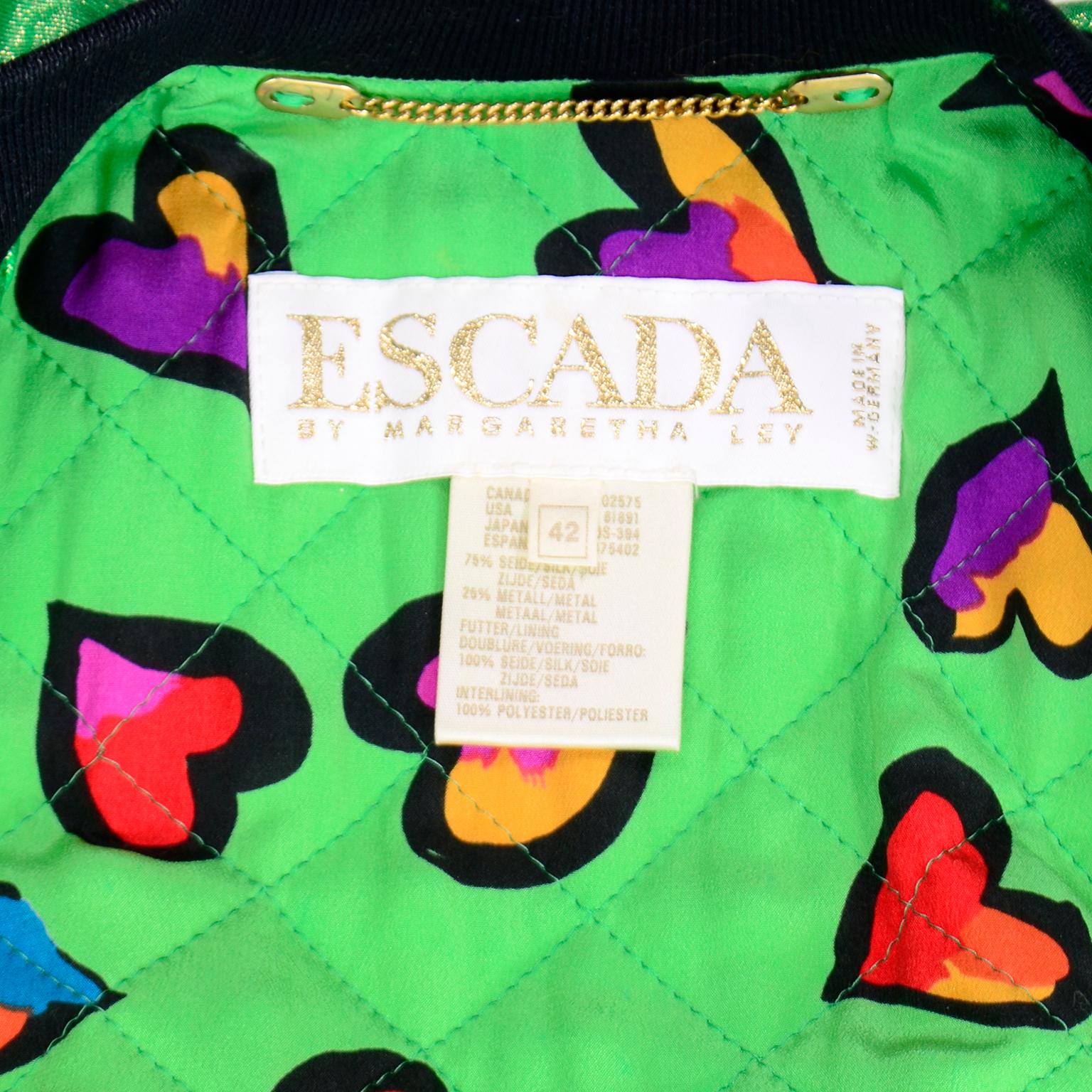 Vintage Escada Margaretha Ley Iridescent Green Silk Bomber Jacket w Heart Lining 4