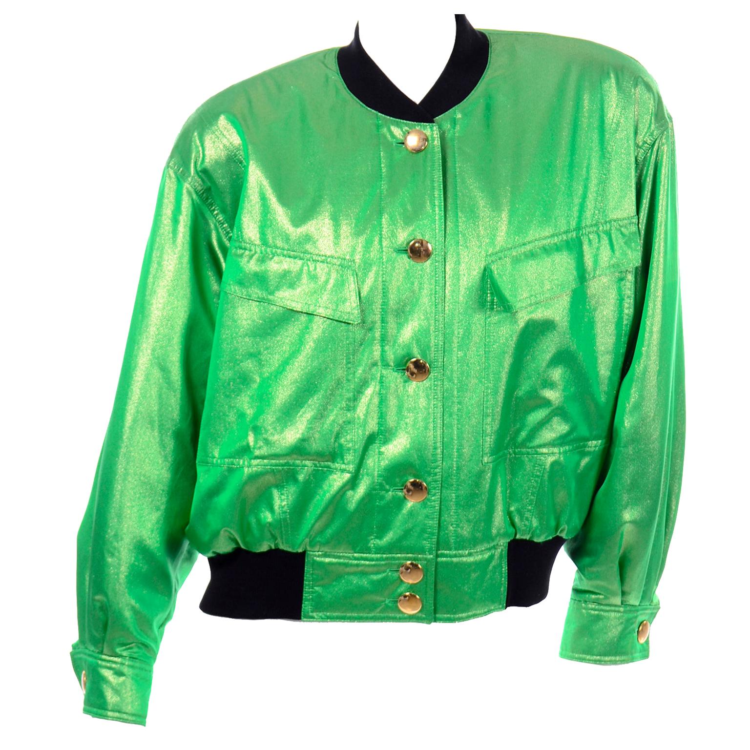 Vintage Escada Margaretha Ley Iridescent Green Silk Bomber Jacket w Heart Lining