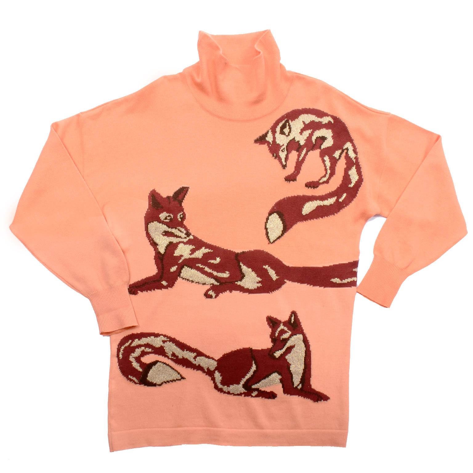 Orange Vintage Escada Margaretha Ley 1980s Peach Oversized  Brown & Gold Fox Sweater