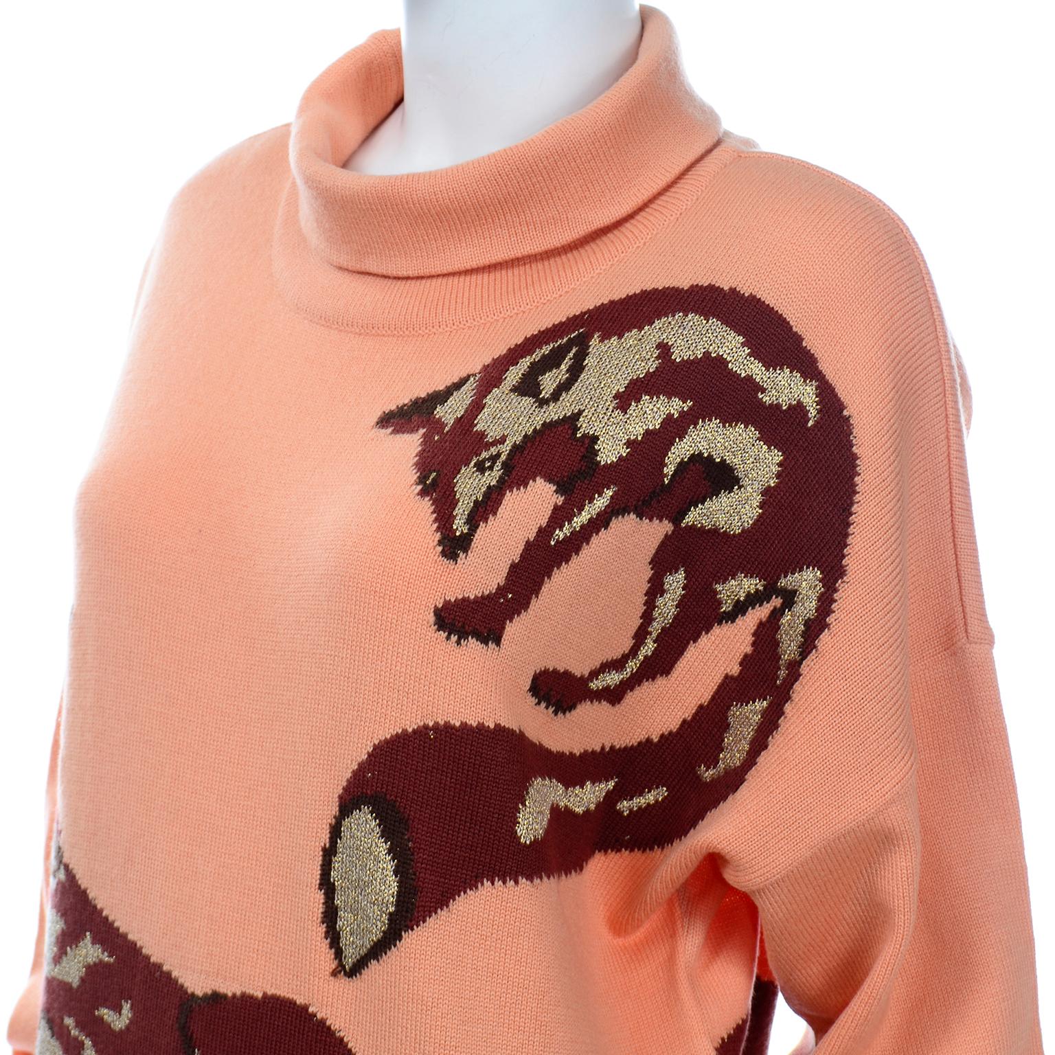 Vintage Escada Margaretha Ley 1980s Peach Oversized  Brown & Gold Fox Sweater In Excellent Condition In Portland, OR