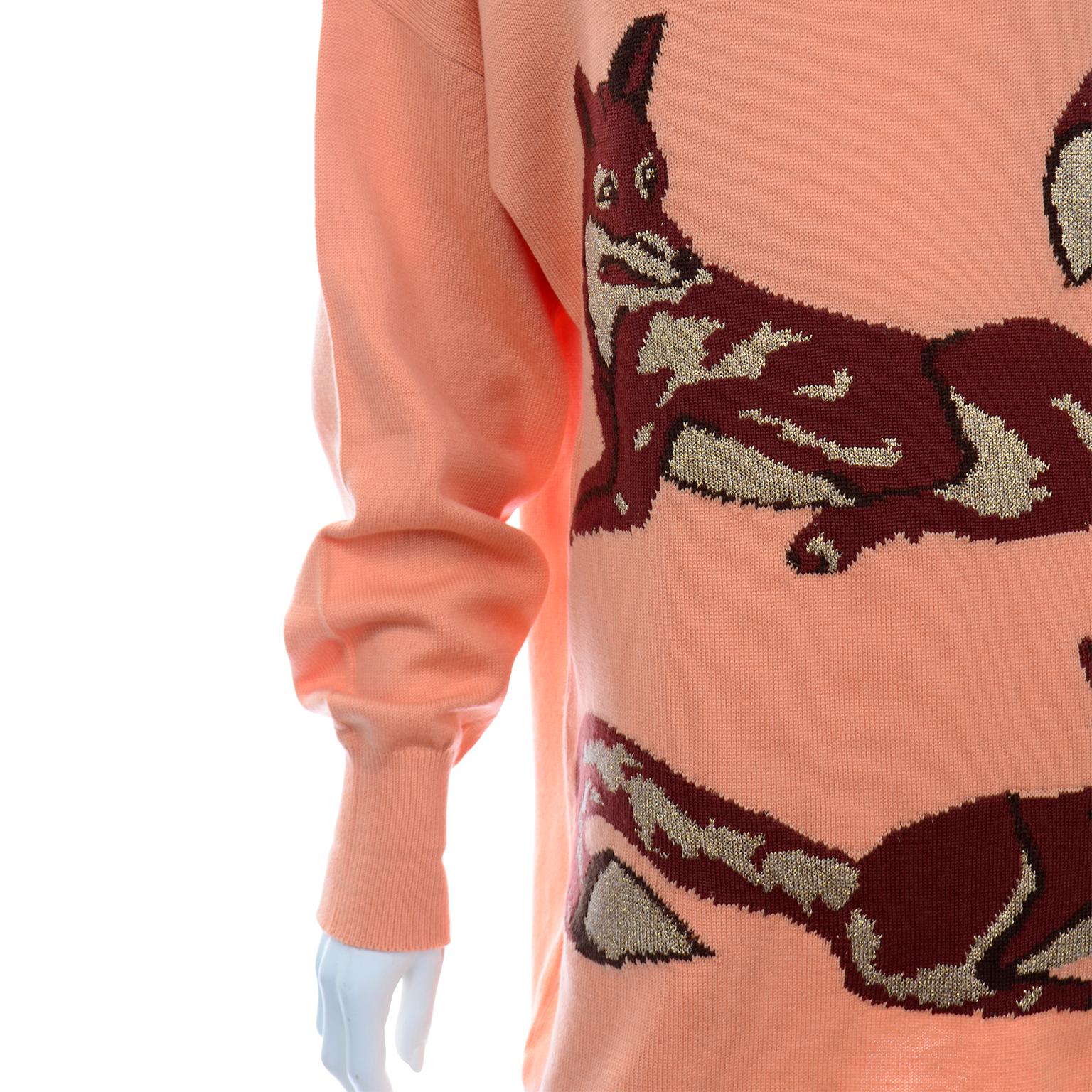 Women's Vintage Escada Margaretha Ley 1980s Peach Oversized  Brown & Gold Fox Sweater