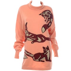 Vintage Escada Margaretha Ley 1980s Peach Oversized  Brown & Gold Fox Sweater