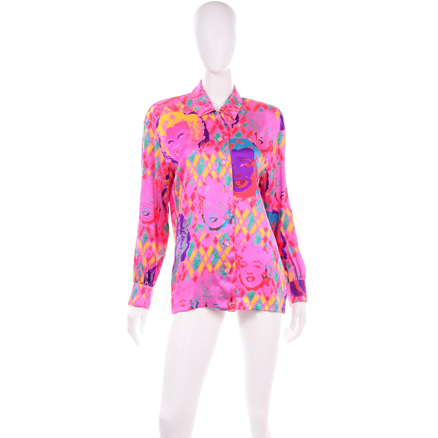 Our favorite of the novelty vintage Margaretha Ley Escada blouses! This vintage pink silk blouse has images of Andy Warhol style Marilyn Monroe scattered throughout. We love Escada's take on 1980's silk printed blouses, but we are especially excited