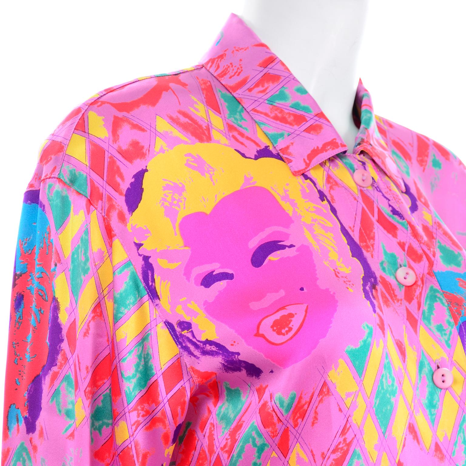 Vintage Escada Margaretha Ley Pink Green & Yellow Silk Marilyn Bombshell Blouse In Excellent Condition In Portland, OR