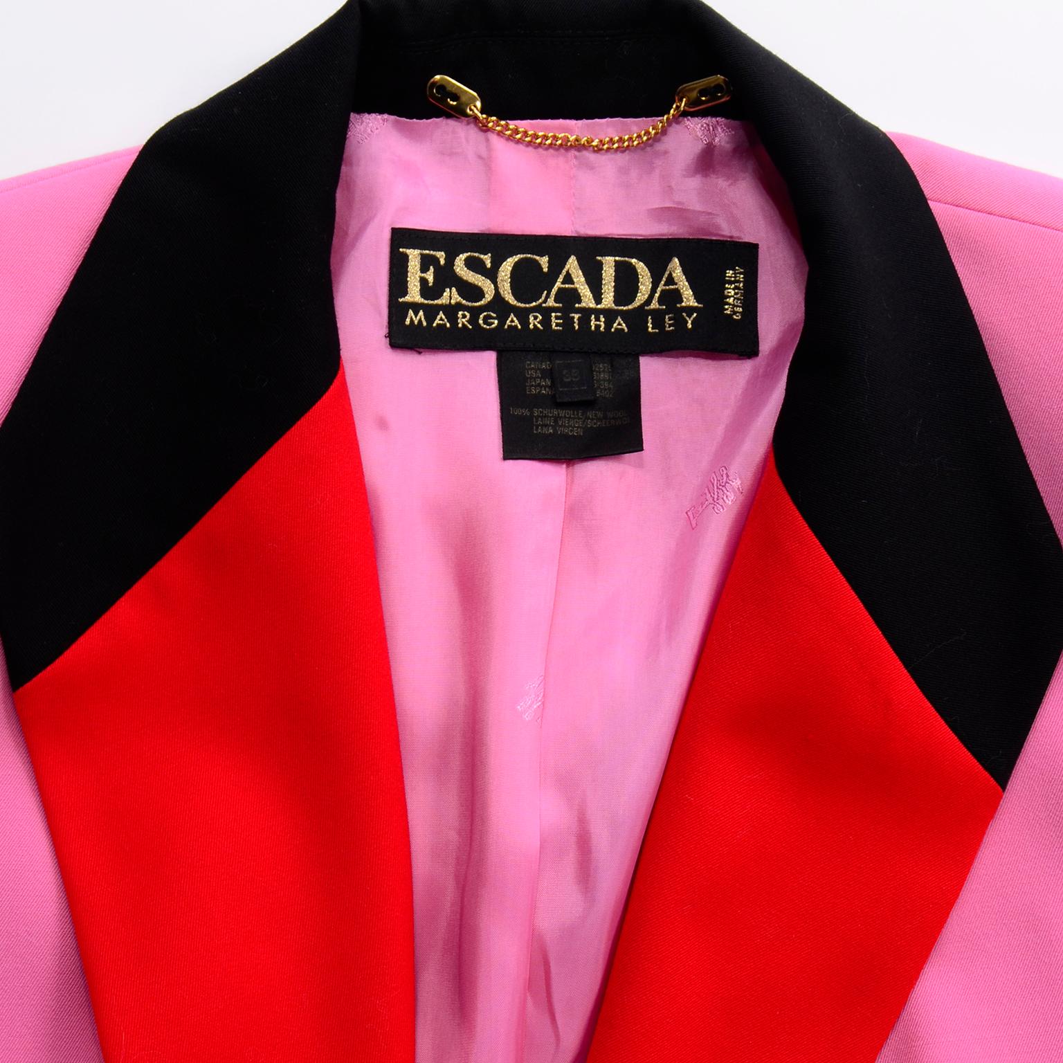 Vintage Escada Margaretha Ley Pink Red & Black Colorblock Blazer Longline Jacket 4