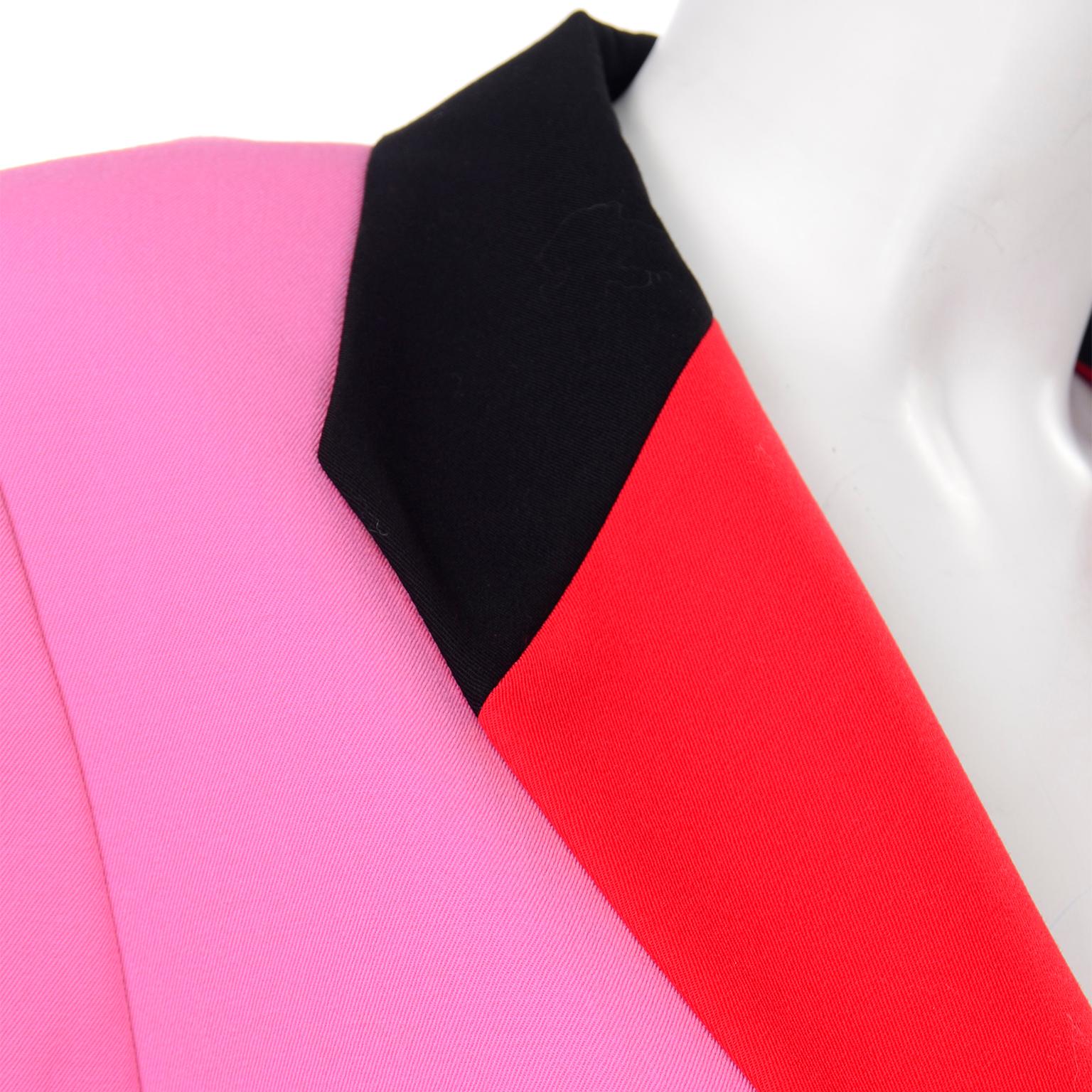 Vintage Escada Margaretha Ley Pink Red & Black Colorblock Blazer Longline Jacket In Excellent Condition In Portland, OR