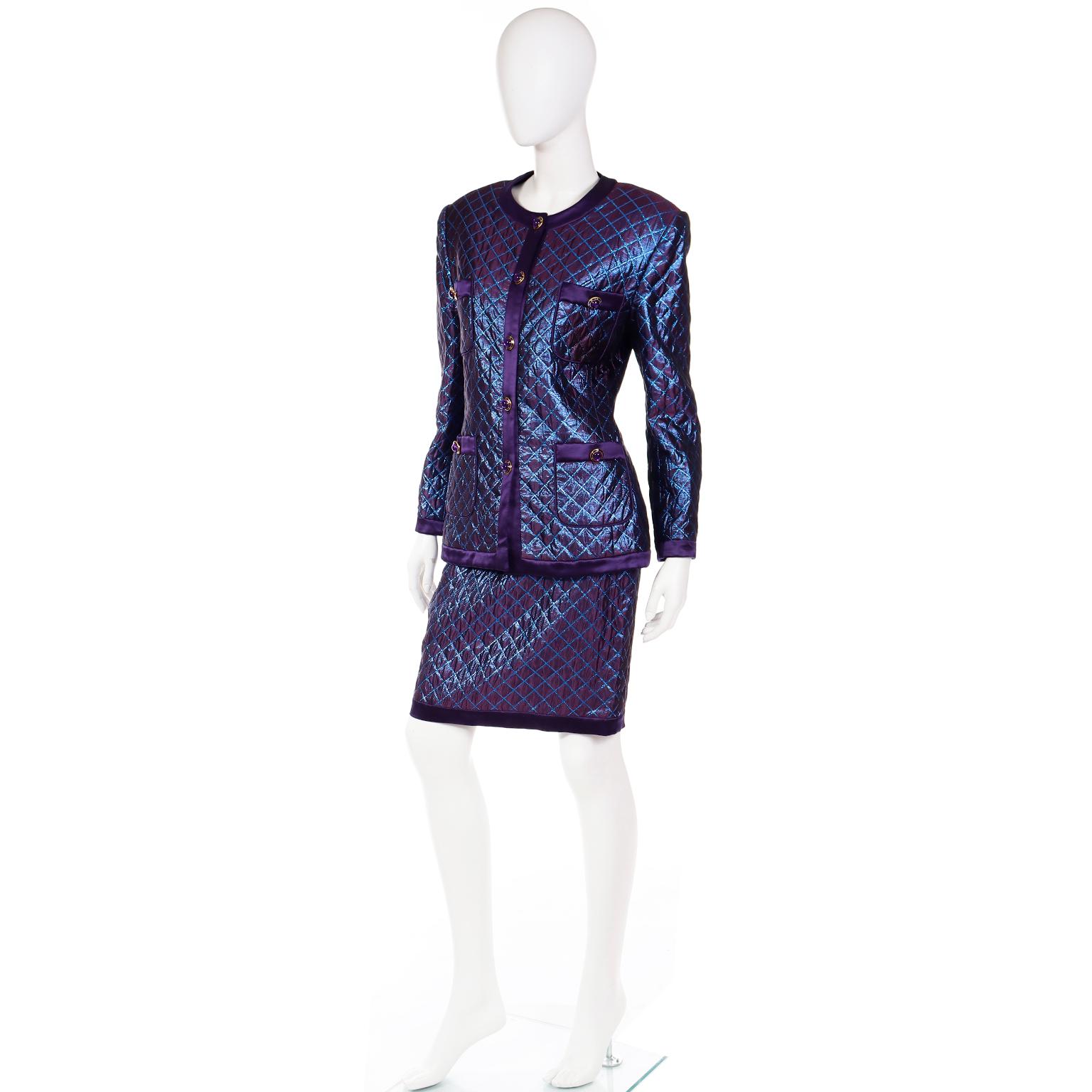 Vintage Escada Margaretha Ley Purple Blue Iridescent Jacket and Skirt Suit In Excellent Condition In Portland, OR