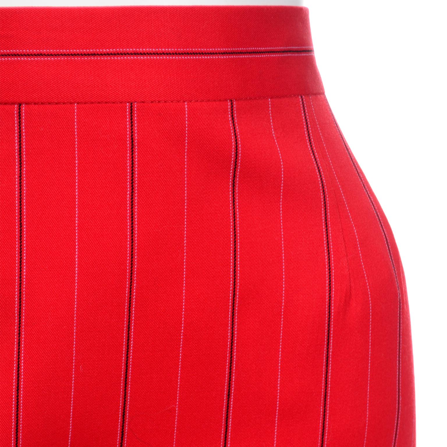 Vintage Escada Margaretha Ley Red Pinstripe Pencil Skirt In Excellent Condition In Portland, OR