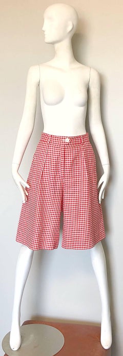 Vintage Escada Margaretha Ley Red White Nautical Gingham 1980s Culottes Shorts