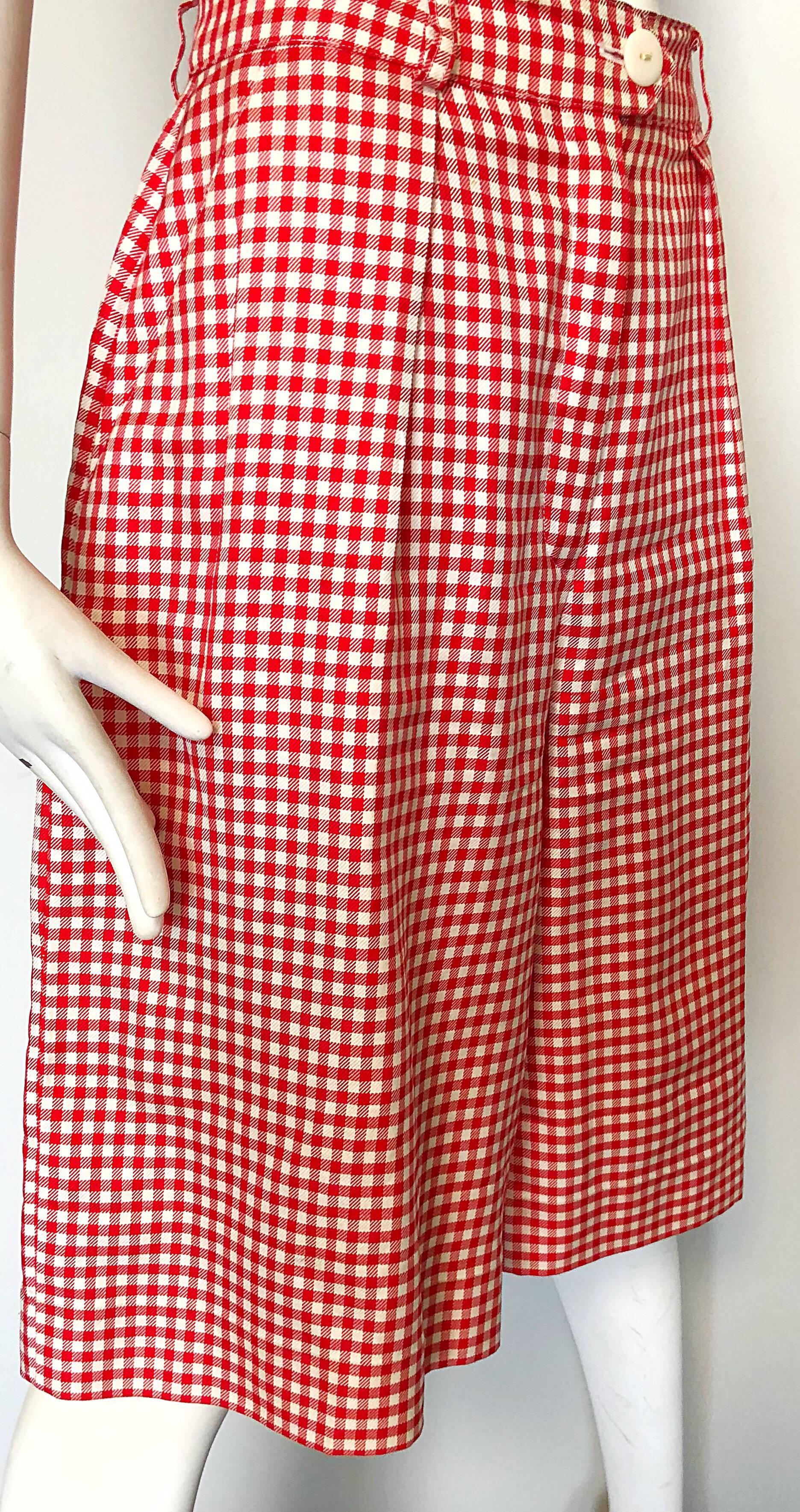 Vintage Escada Margaretha Ley Red White Nautical Gingham 1980s Culottes Shorts In Excellent Condition For Sale In San Diego, CA