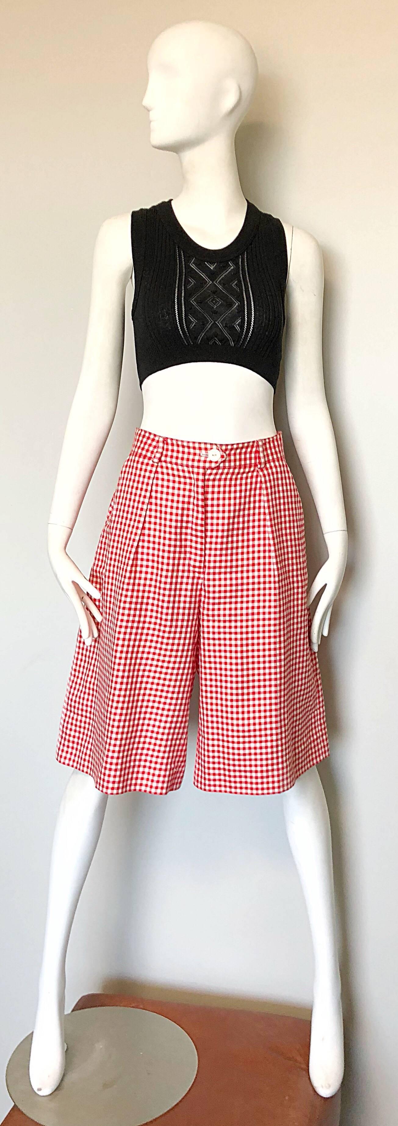 Women's Vintage Escada Margaretha Ley Red White Nautical Gingham 1980s Culottes Shorts For Sale
