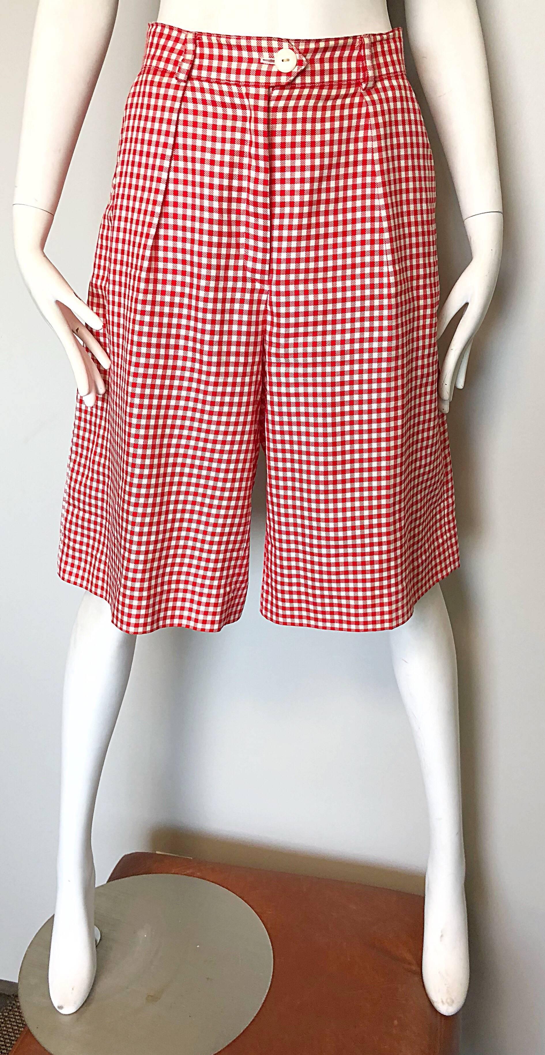 Vintage Escada Margaretha Ley Red White Nautical Gingham 1980s Culottes Shorts For Sale 2