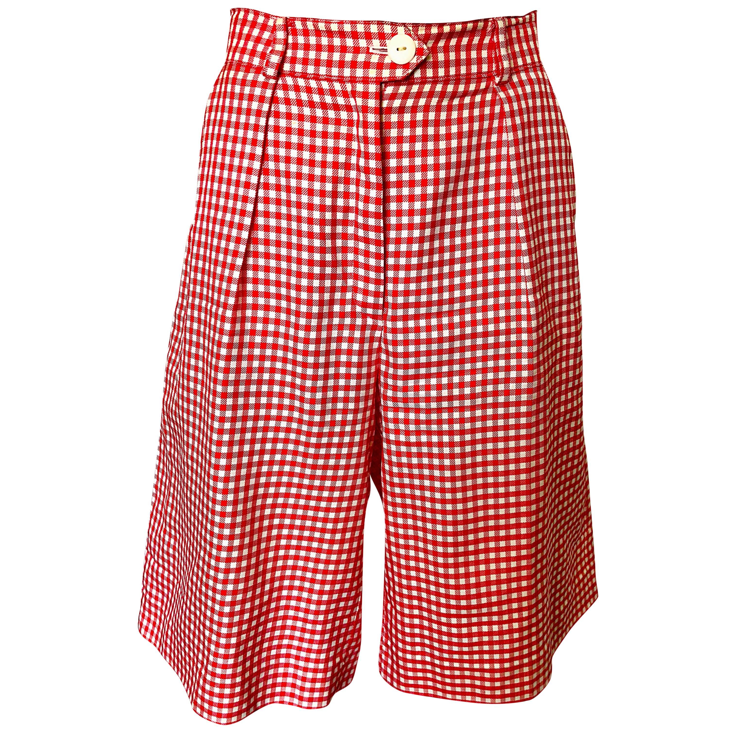 Vintage Escada Margaretha Ley Rot Weiß Nautische Gingham 1980er Jahre Culottes Shorts im Angebot