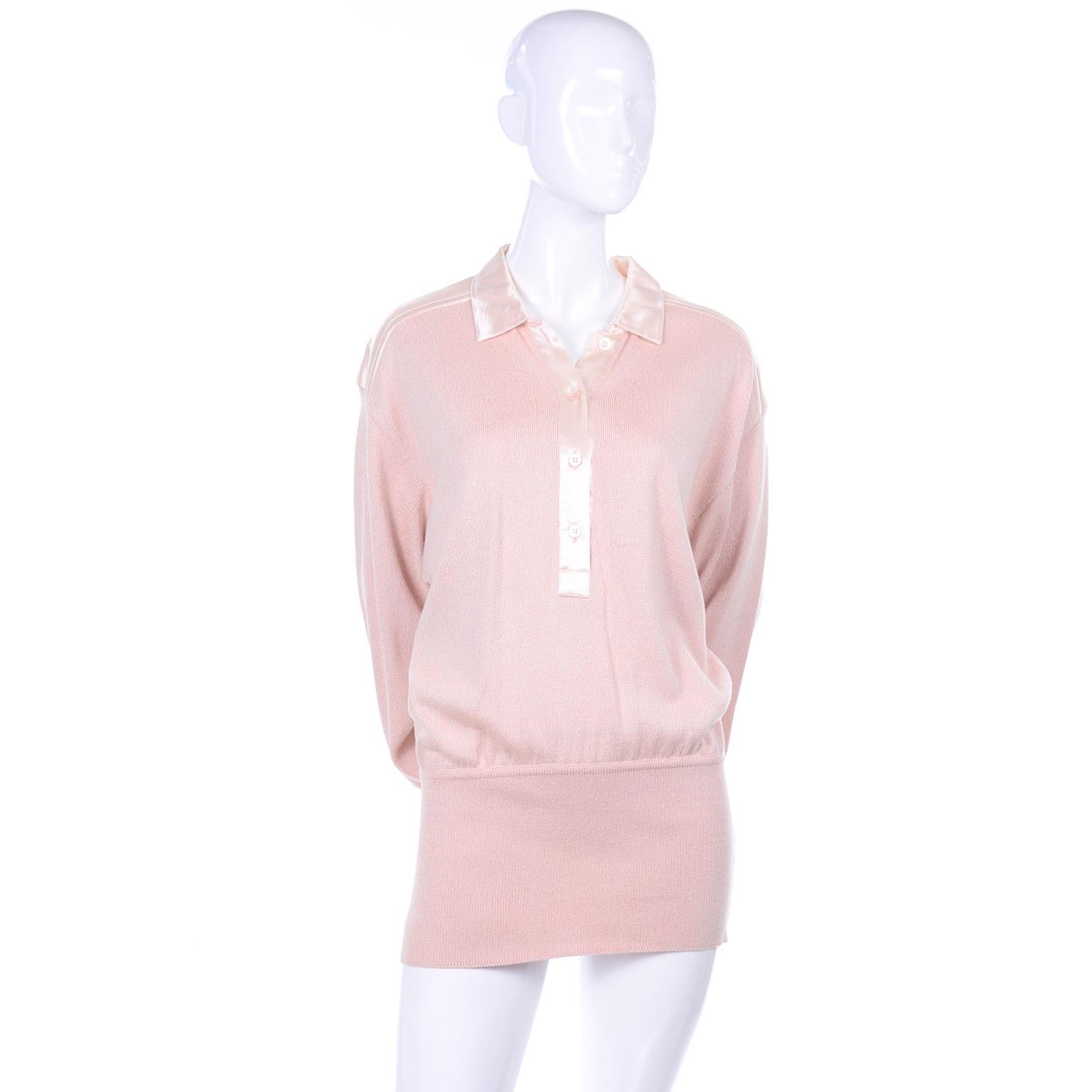 Women's Vintage Escada Margaretha Ley Silk Blend Sweater in Nude Pink With Satin Trim
