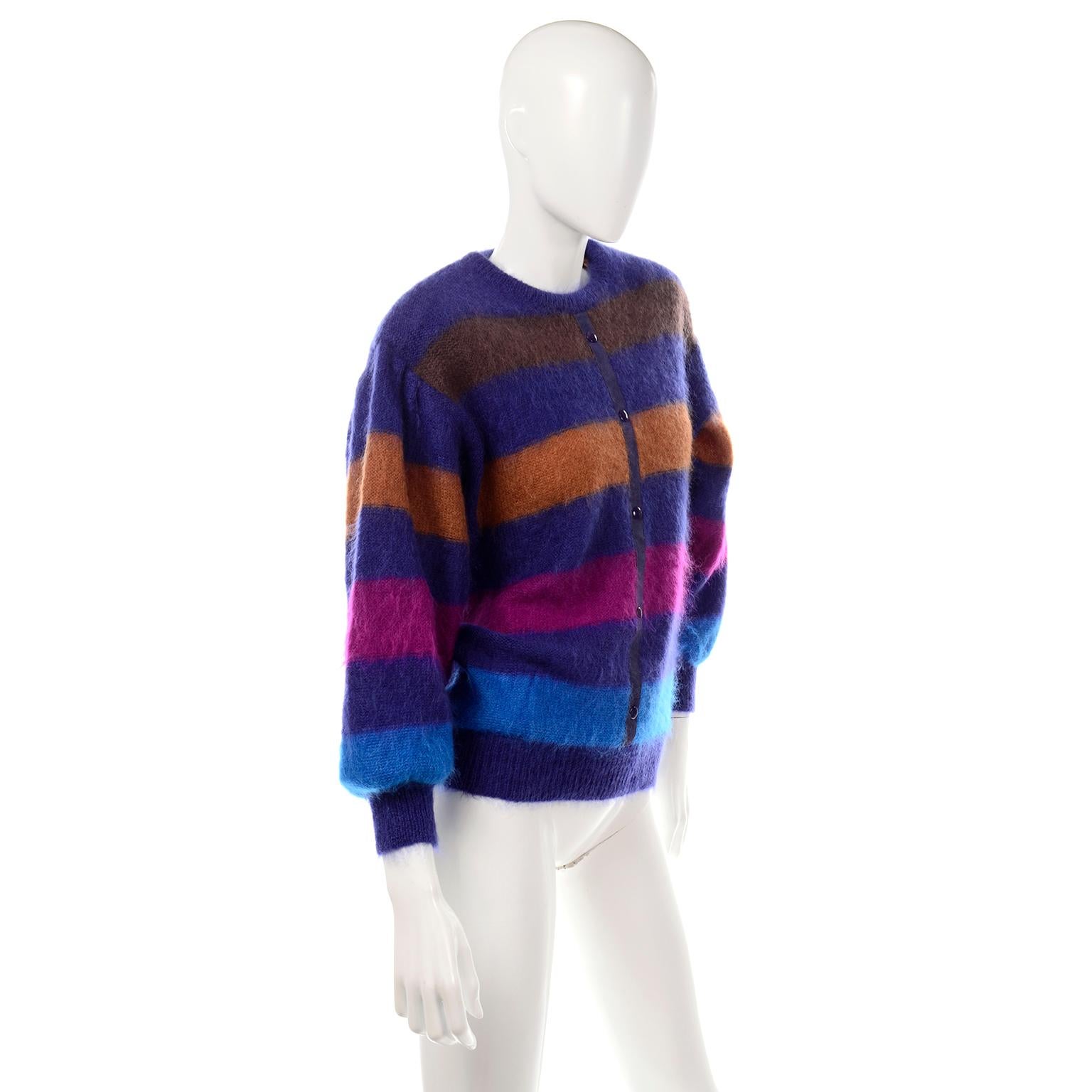 Purple Vintage Escada Margaretha Ley Striped Mohair Sweater W Ballon Statement Sleeves For Sale