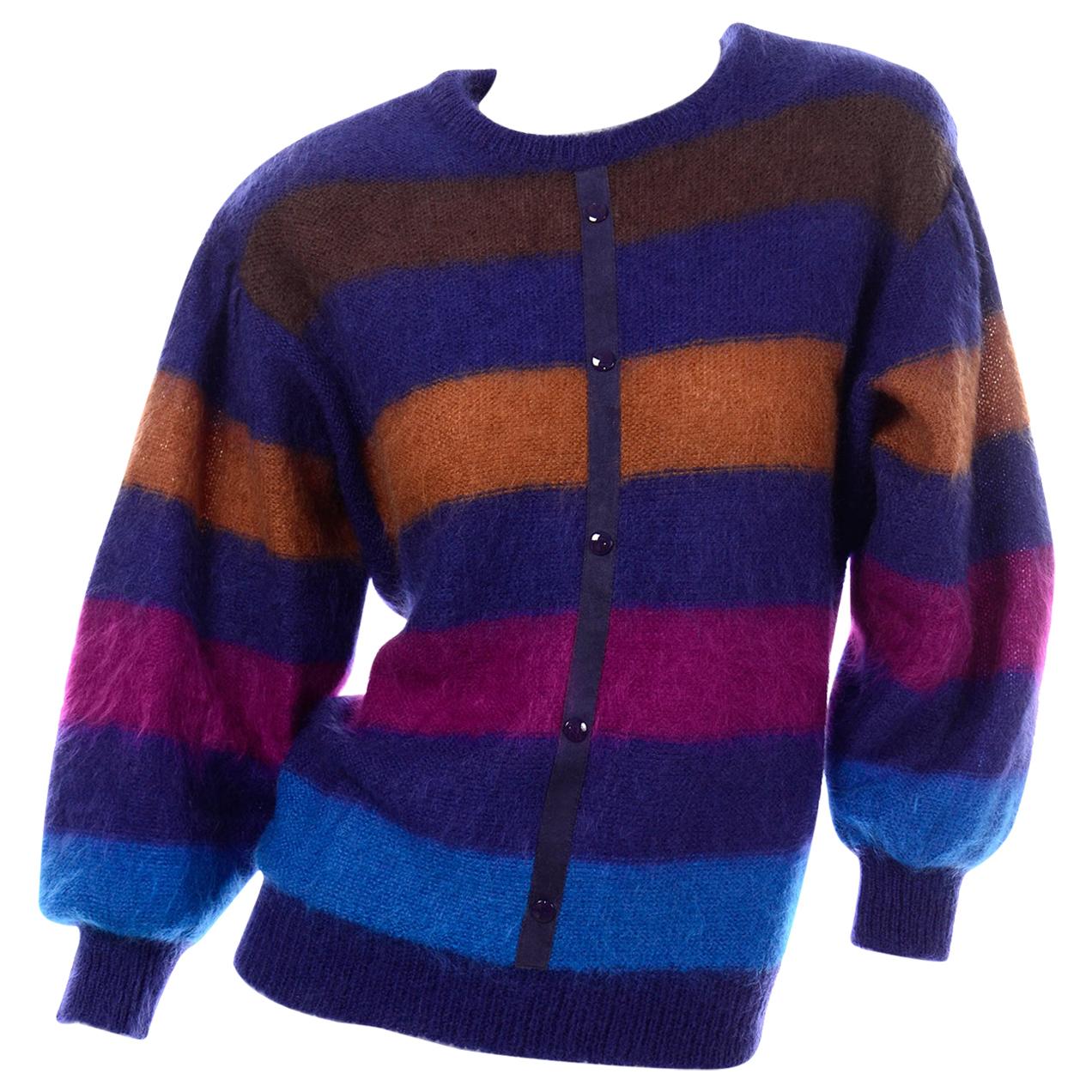Vintage Escada Margaretha Ley Striped Mohair Sweater W Ballon Statement Sleeves