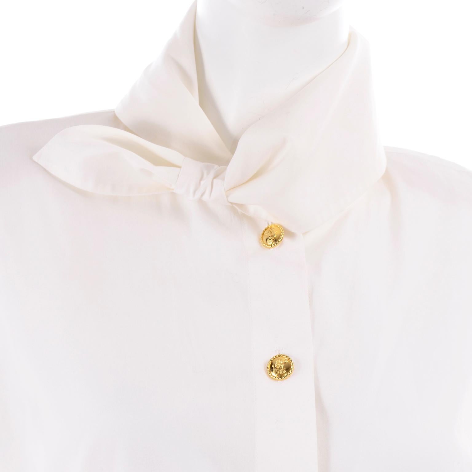 Vintage Escada Margaretha Ley White Cotton Embroidered Blouse Unique Tie Collar In Excellent Condition In Portland, OR