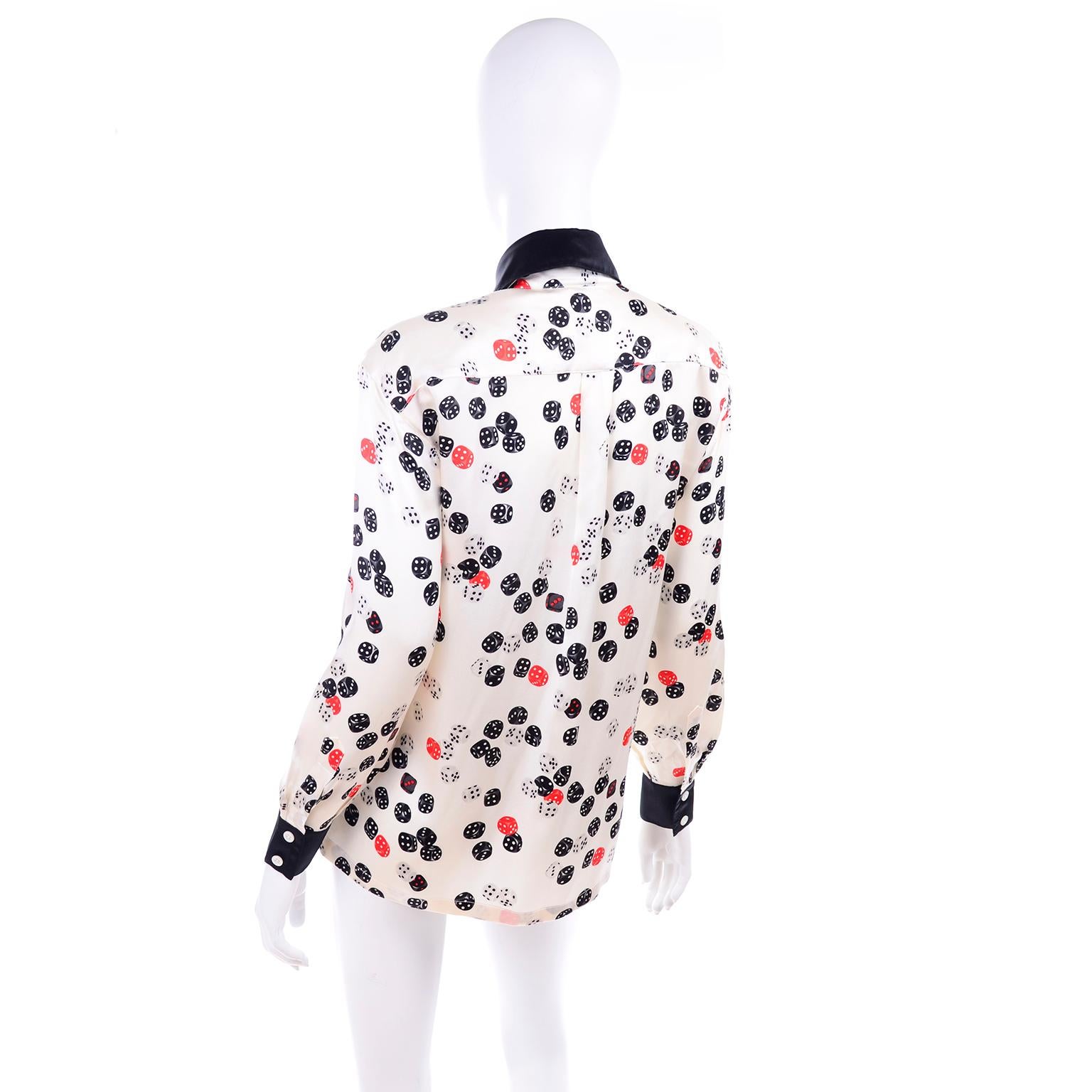 Gray Vintage Escada Novelty Dice Print Silk Blouse in Red White & Black Size 34 For Sale
