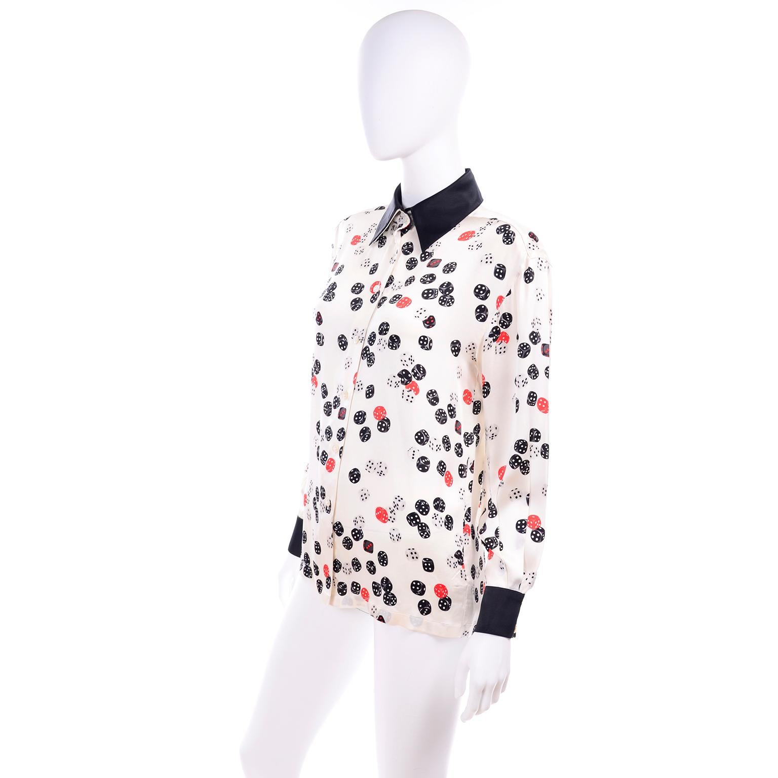 Vintage Escada Novelty Dice Print Silk Blouse in Red White & Black Size 34 In Excellent Condition For Sale In Portland, OR