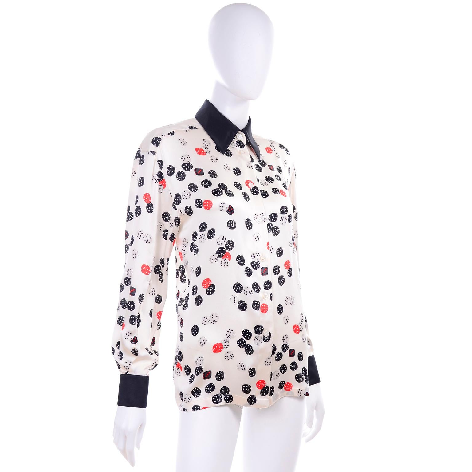 Vintage Escada Novelty Dice Print Silk Blouse in Red White & Black Size 34 For Sale 1